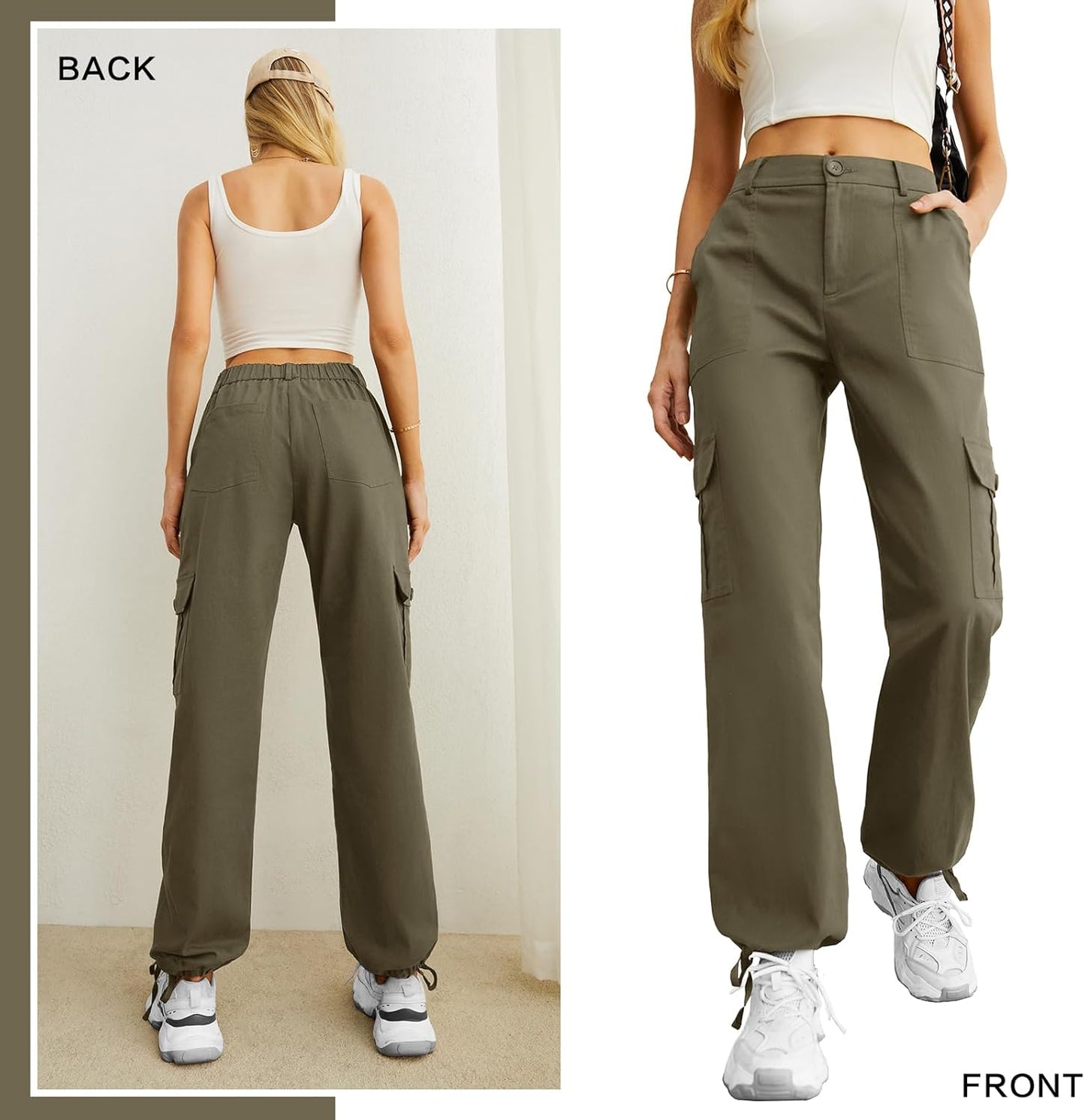 Lepunuo Women's High Waisted Cargo Pants Travel Y2K Streetwear Baggy Stretchy Pants with 6 Pockets Drawstring Ankle Cuffs
