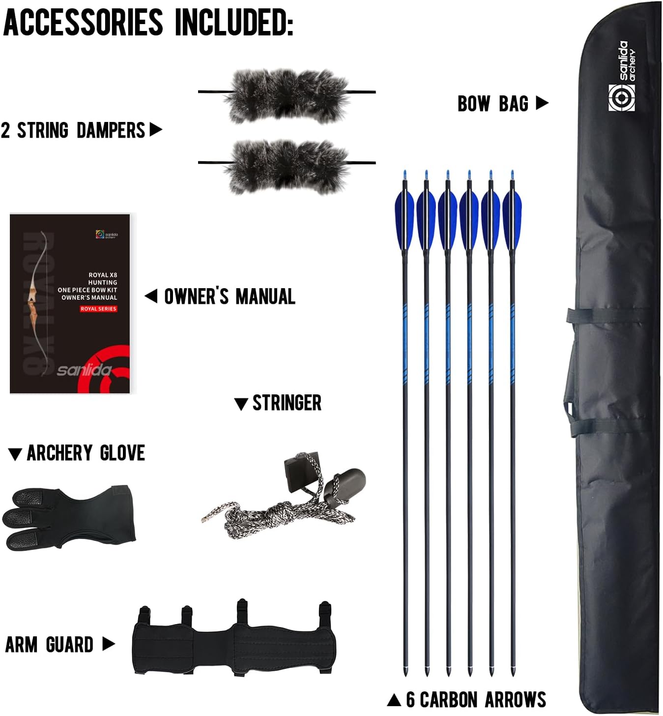 Sanlida Archery 60" Royal X8 One-Piece Bow Traditional Wooden Hunting Longbow Handmade Hunting Bow and Arrows Kit for Adults & Traditional Archers, RH Only