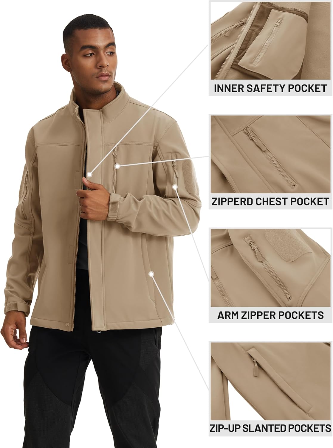 TACVASEN Men's Tactical Softshell Jacket Fleece Lined Water Resistant Windbreaker Military Lightweight Coat for Hiking