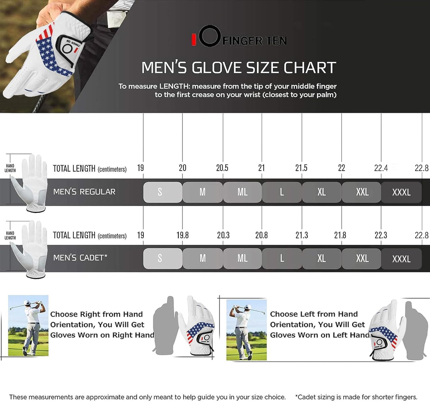 FINGER TEN Golf Gloves Men Left Hand Right Leather Value 5 Pack, Mens Golf Glove for Right Left Handed Golfer All Weather Grip Small Medium ML Large XL XXL 3XL