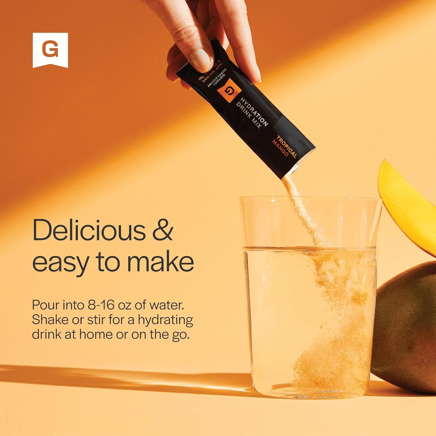 Gainful Hydration + Caffeine Powder Packets with Key Electrolytes Magnesium & Sodium + L Theanine, Low Sugar Drink Mix, Tropical Mango, 21 Sticks