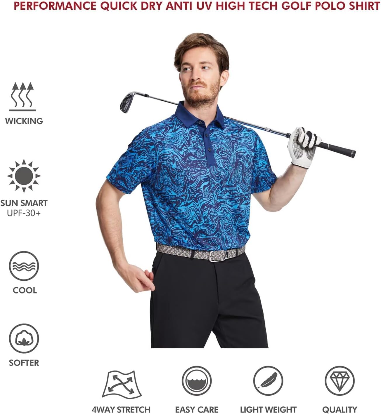 Men's Golf Polo Shirts Short Sleeve Striped Performance Moisture Wicking Dry Fit Golf Shirts for Men