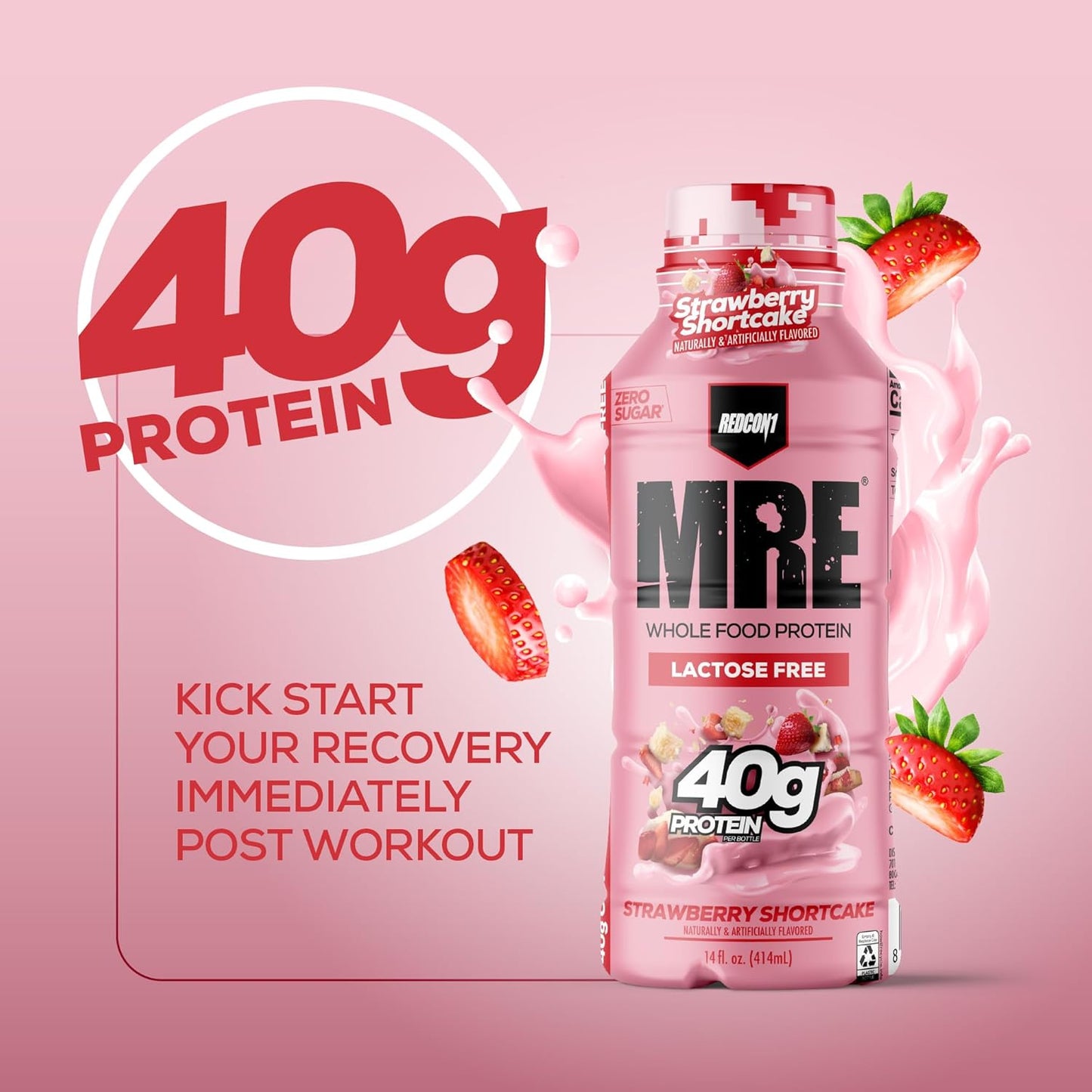 REDCON1 MRE Ready to Drink Protein Shake, Strawberry Shortcake- Lactose + Whey Free RTD 40gr Protein Made with Real Whole Food Protein Blends - Keto-Friendly Easy to Digest Nutritional Shake (12 Pack)