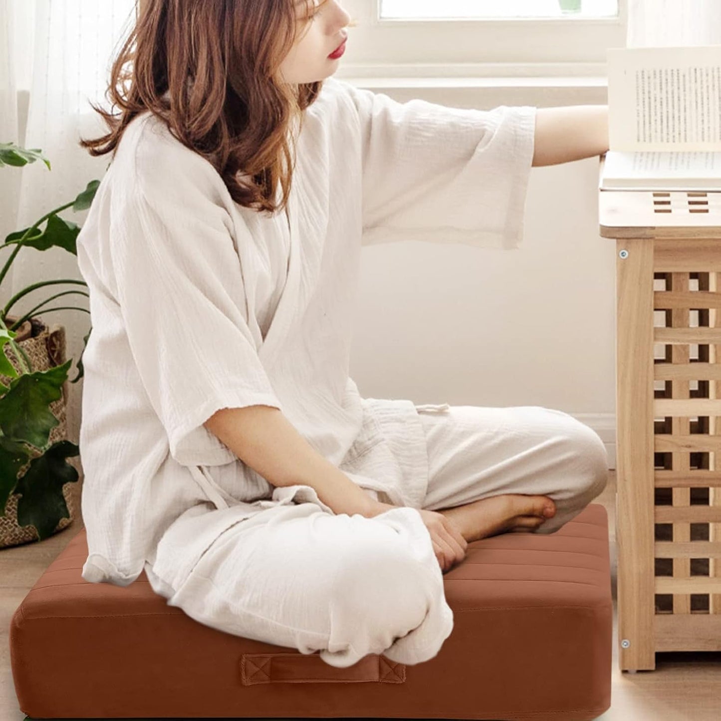 MeMoreCool Square Floor Pillow Seating for Adults Kids, Large Meditation Cushion Floor Pillow with Thick Foam & Soft Tufted Cover, Washable Big Pillow Seat Floor Cushion for Sitting Yoga 22" Coffee