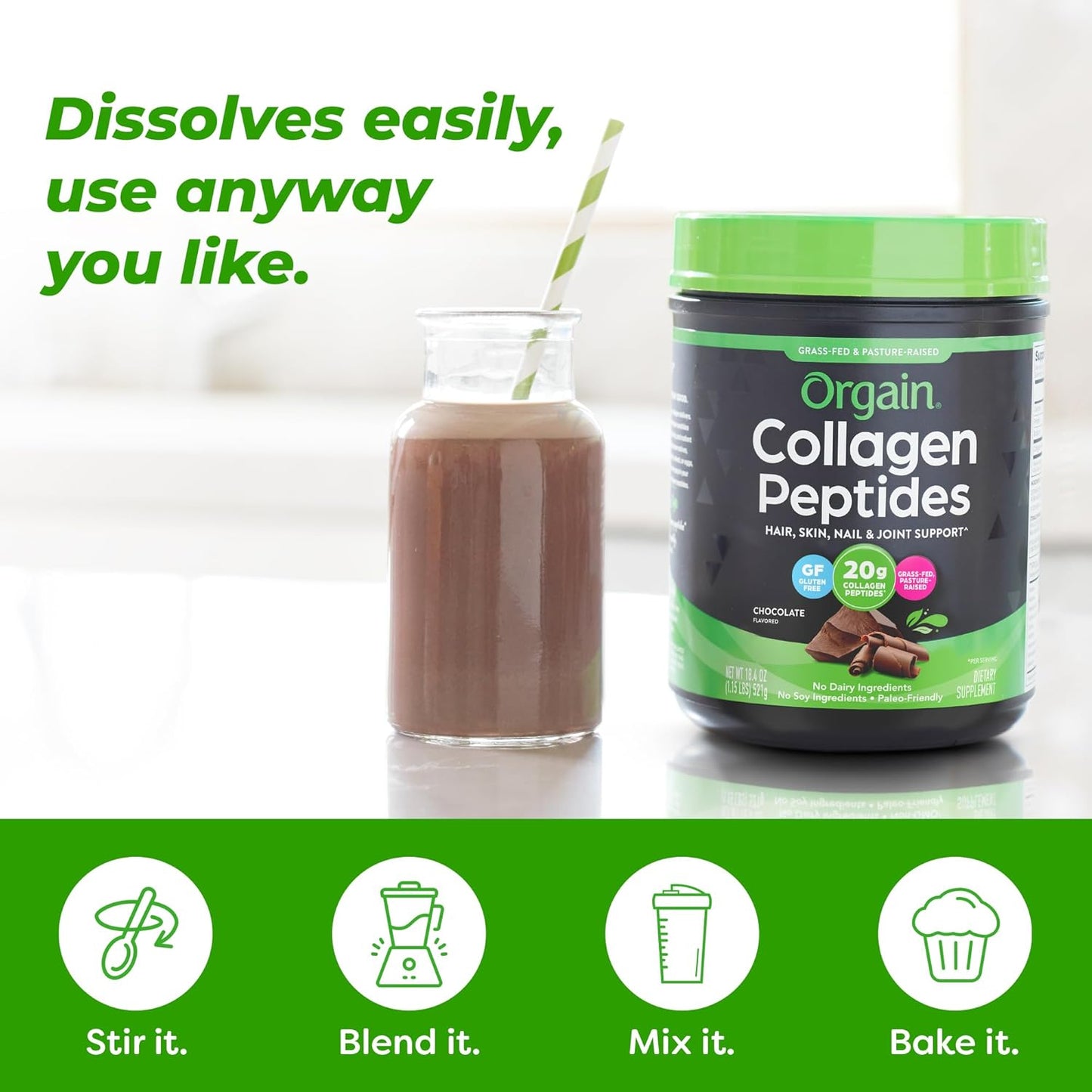 Orgain Hydrolyzed Collagen Peptides Powder For Women & Men, Chocolate, 20g Grass Fed Collagen - Hair, Skin, Nail, & Joint Support Supplement, Paleo & Keto, Non-GMO, Type I and III, 1lb