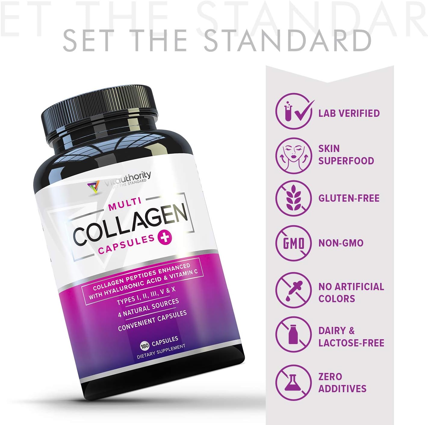 Multi Collagen Peptides Capsules for Women - Hydrolyzed Collagen for Women Pills with Types I II III V & X Plus Vitamin C & Hyaluronic Acid for Beautiful Hair Skin and Nails - 60 Servings