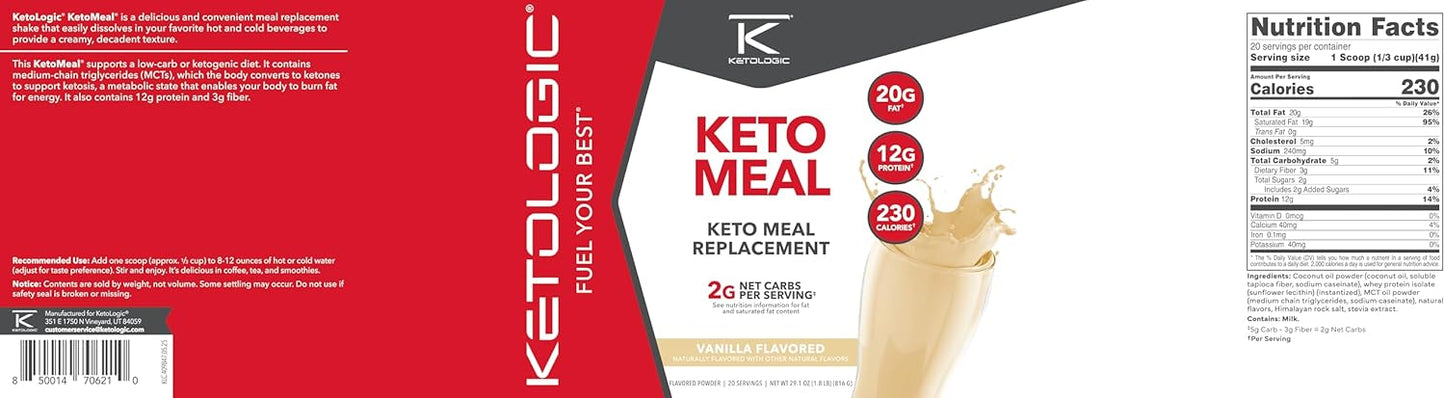 Ketologic Keto Meal Replacement Shake Powder for Optimal Results + MCT Oil + Grass-Fed Whey - Perfectly Formulated Macros for Ketosis - 20 Servings - Vanilla