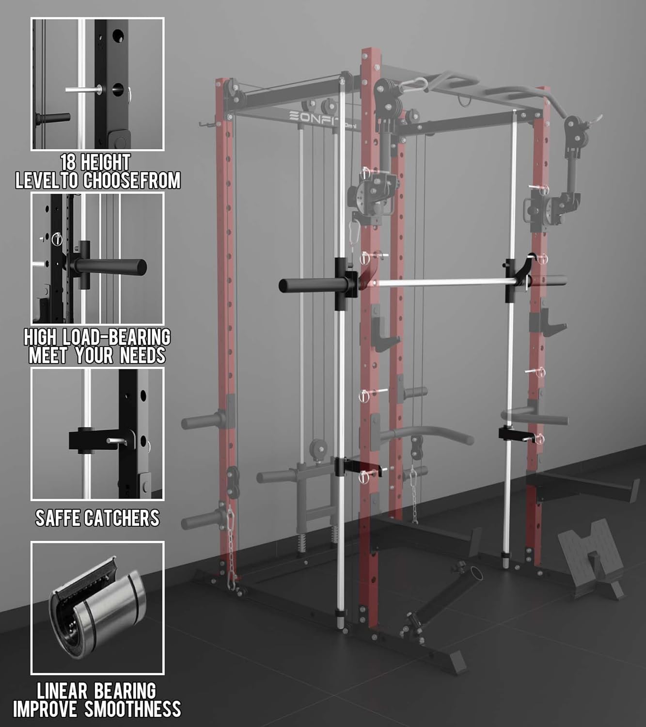 Eonfit E3 Smith Machine with 360°Rotating Arm for Home Gym Equipment, Multi-Function Power Cage Squat Rack with Cable Crossover LAT Pulldown Pulley System All in One