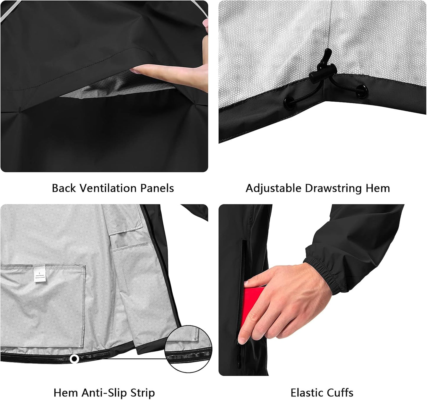 Men's Cycling Running Rain Jacket Lightweight Waterproof Biking Hiking Windbreaker Raincoat Reflective Packable