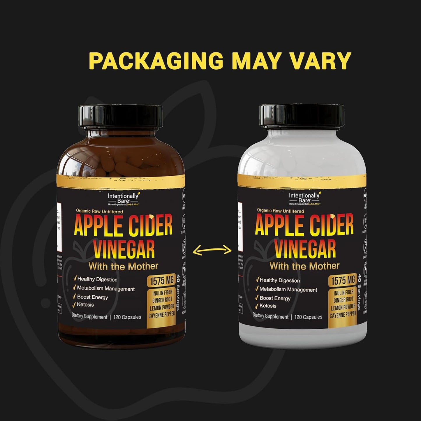 Intentionally Bare Apple Cider Vinegar with Mother Capsules - ACV Capsules with Ginger, Lemon, Cayenne and Inulin - Keto Friendly and Gluten Free for Energy, Immunity and Gut Health - 120 Capsules