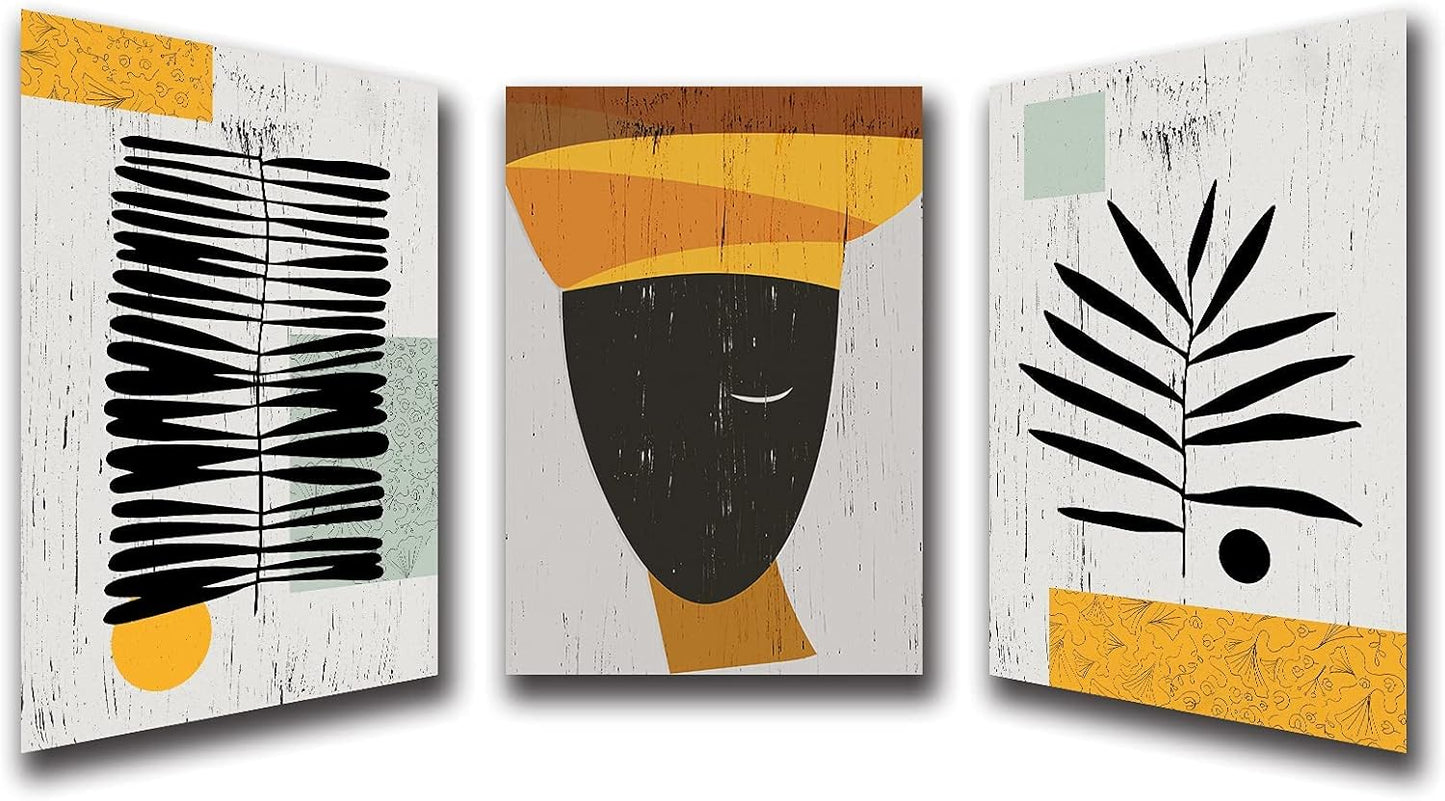 Framed Canvas Wall Art African Ethno Motive Wall Art Set, Abstract Ethno Art, African American Woman Portrait, Black Orange Print, Contemporary Collage, Minimalist (A-3pcs,12x16inchx3pcs)