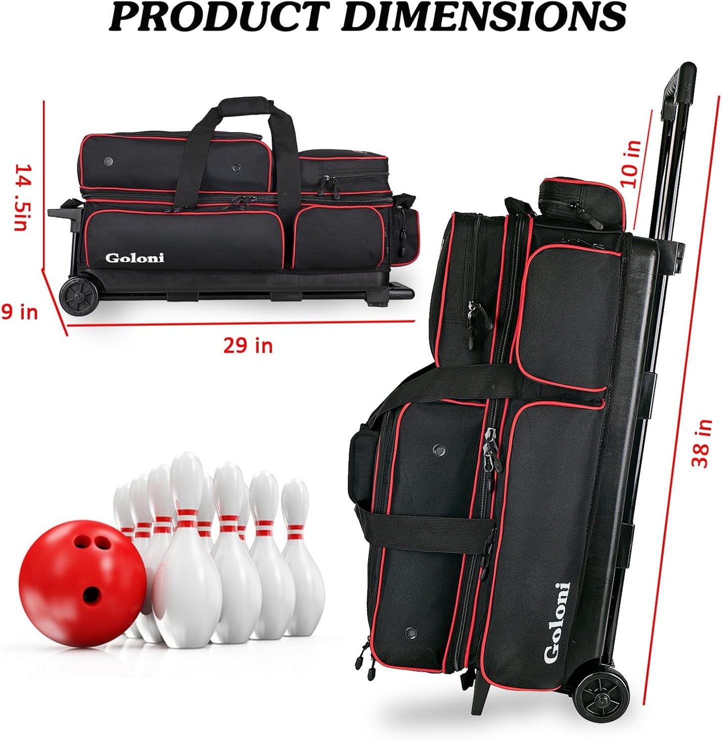 Goloni 3 Ball Bowling Bags with Wheels - Rolling Bowling Bag for 3 Balls & Accessories - Retractable Handle Extends to 38