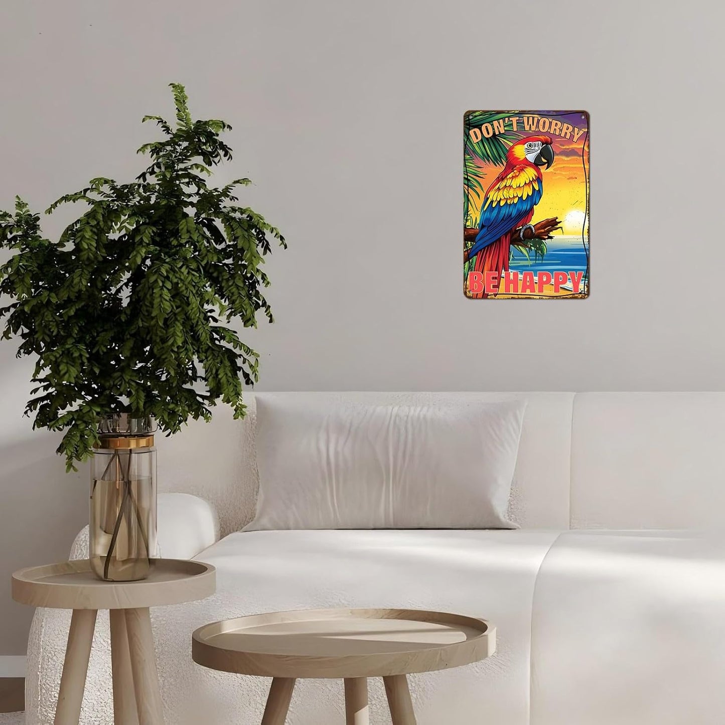 Vintage Tin Sign Don't Worry Be Happy Tin Sign The Beach Parrot for Home Farm Outdoor Bathroom Restaurant Cafes Bars Club Kitchen Garage Cute Vintage Art Wall Decor 12 * 8inch