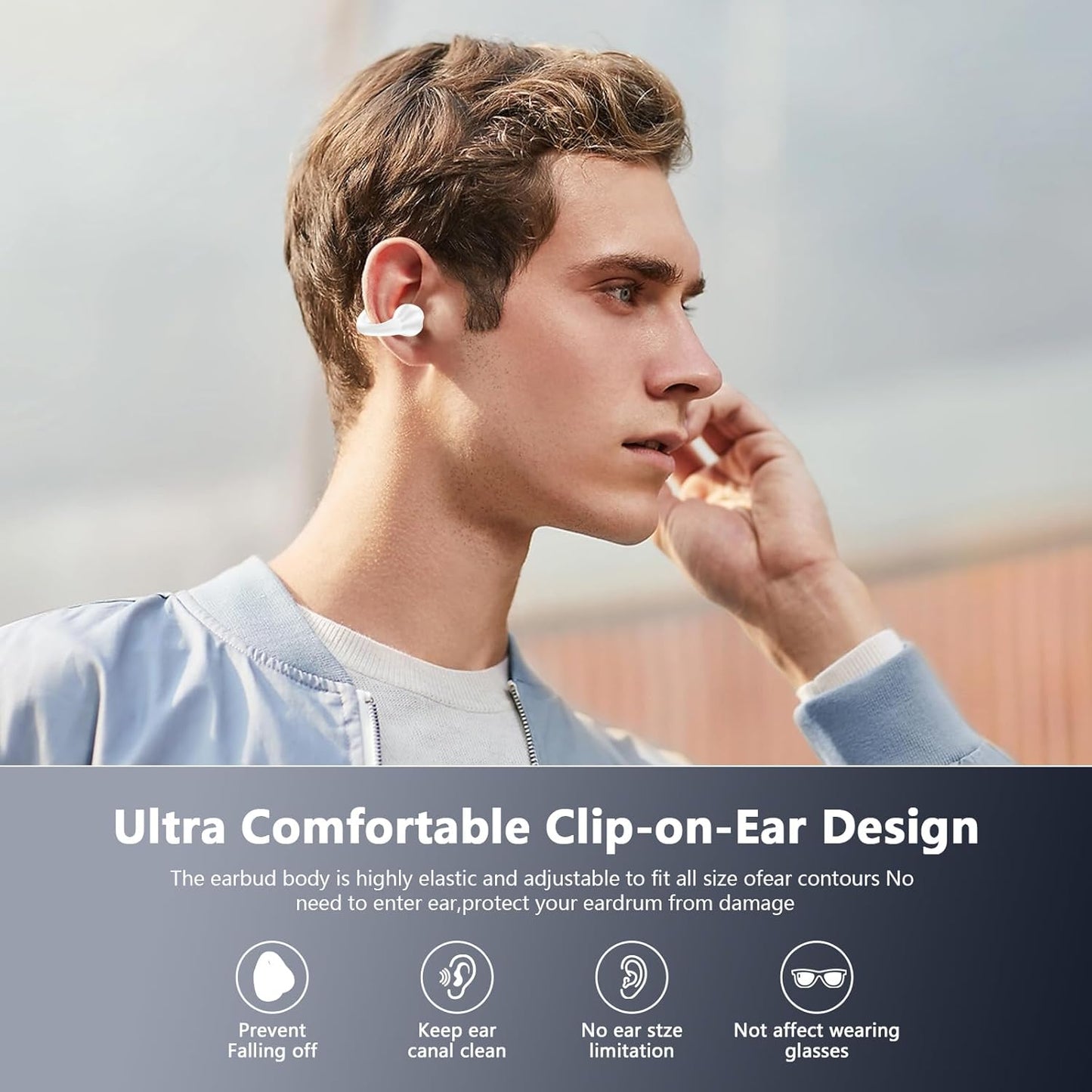Open Ear Bone Conduction Headphones Bluetooth 5.3 Clip On Earbuds with Digital Display Charging Case 60 Hours Playtime Sport Earphones Built-in Mic IPX7 Waterproof for Running Fitness White