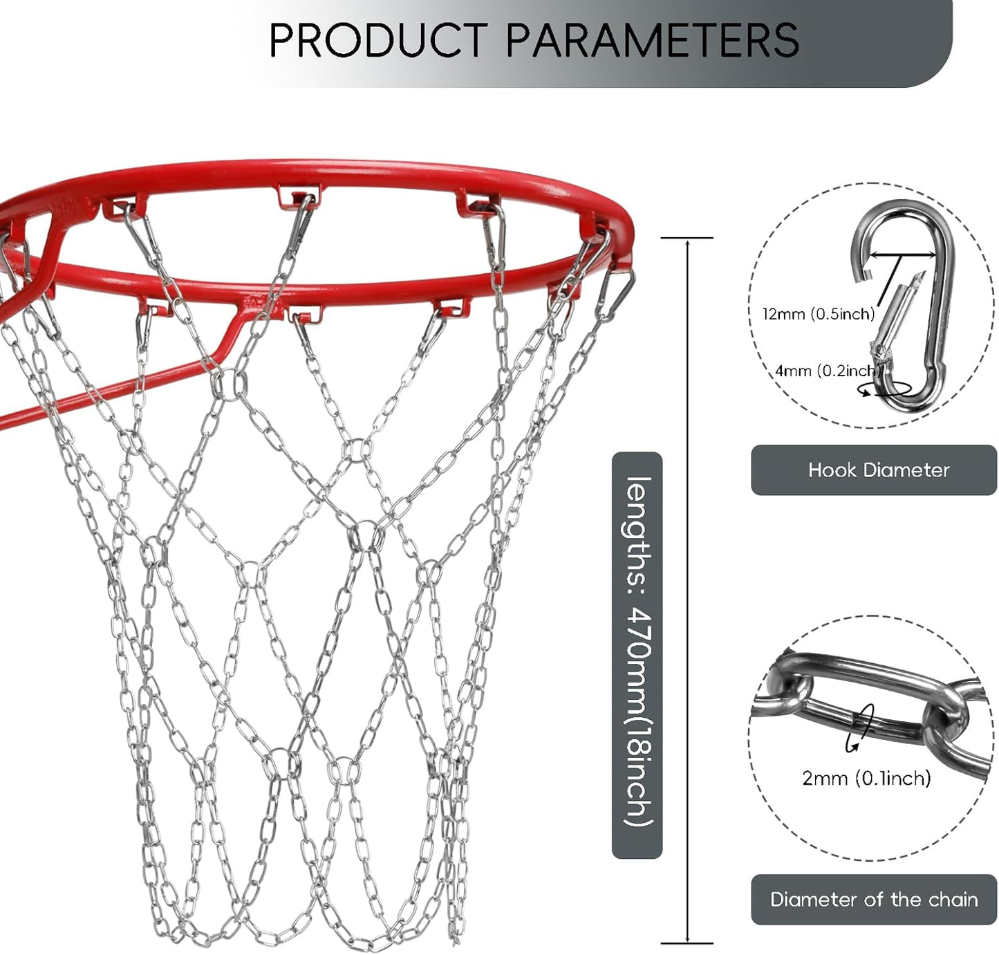 Basketball Net, Stainless Steel Braided Chain Heavy Duty, Standard Basketball Net (12 Links), Quick Installation. Suitable for Indoor and Outdoor Climates