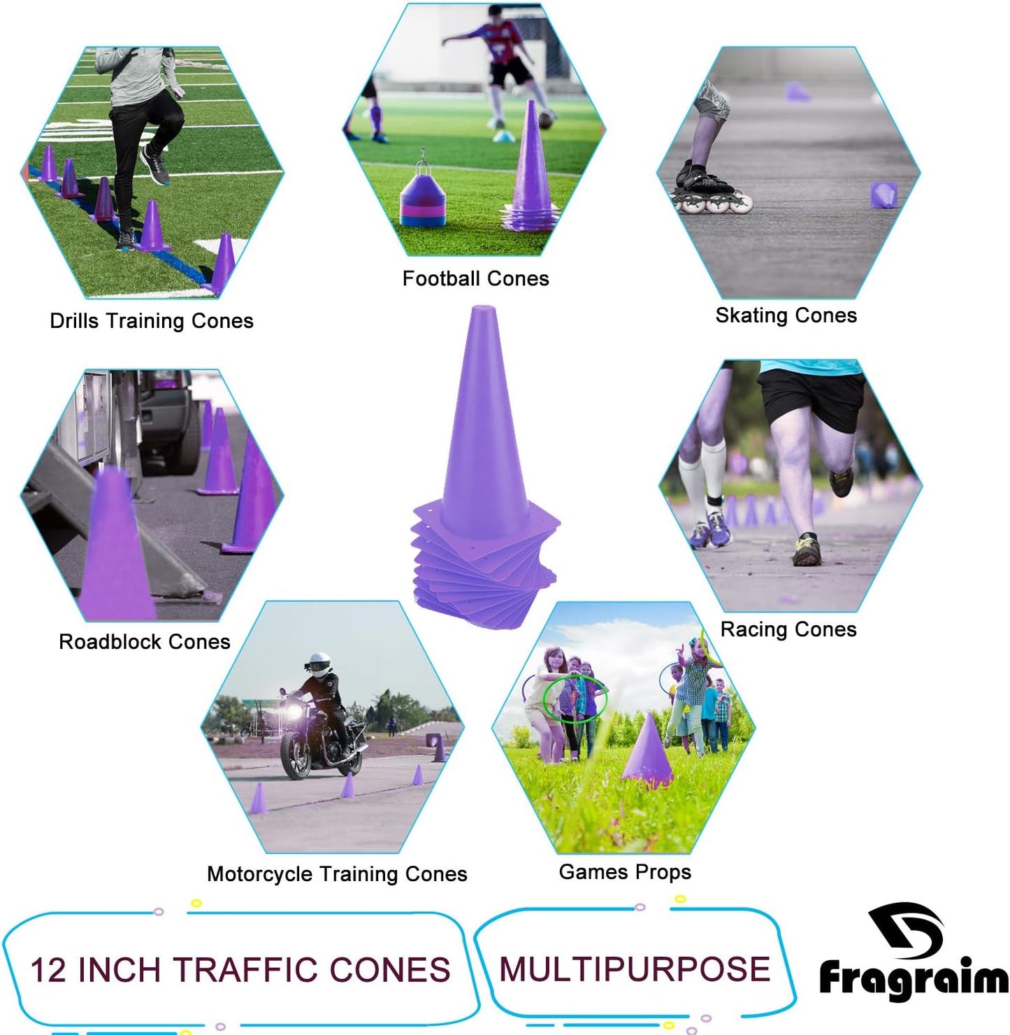 12 Inch Traffic Training Cones, Plastic Safety Parking Cones, Agility Field Marker Cones for Soccer Basketball Football Drills Training, Outdoor Sport Activity & Festive Events - 6 Colors