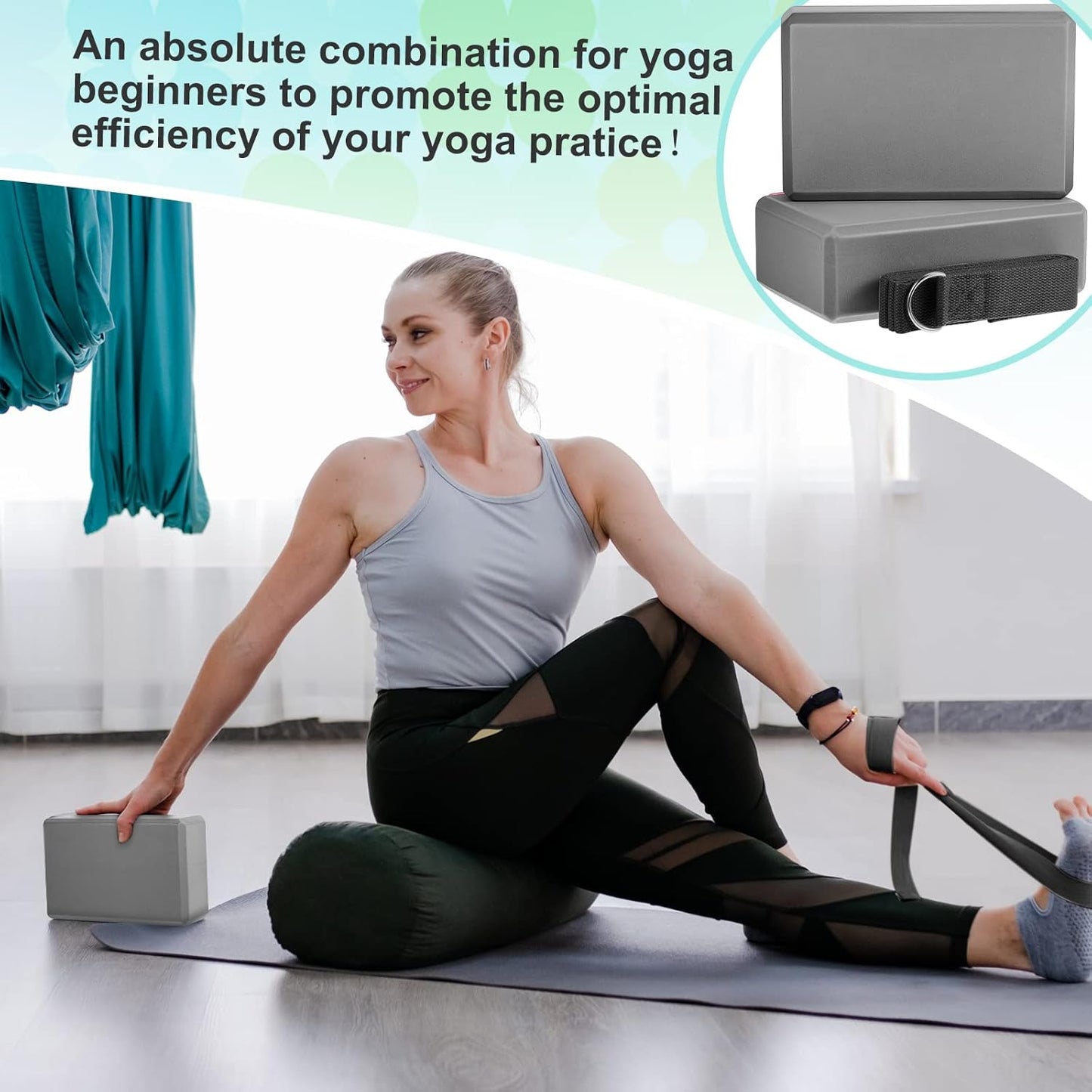 Meooeck 18 Pcs Yoga Block and Strap Set 9 x 6 x 3 Inch EVA Foam Non Slip Brick 8 ft Yoga Straps for Stretching D Ring Design for Back to School Pilates Fitness Workout Exercise