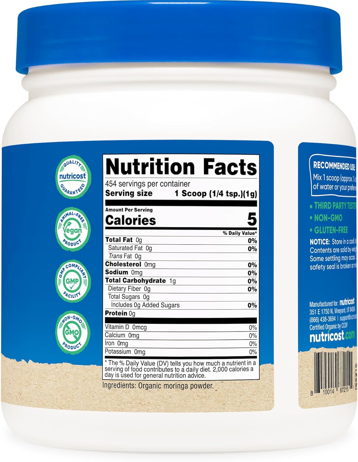 Nutricost Organic Moringa Powder 1LB (16oz) - Gluten Free, Non-GMO, Vegetarian Friendly