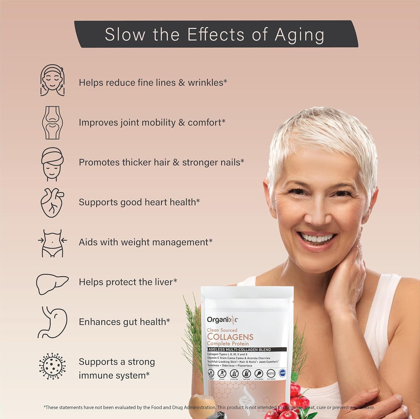 Organixx Collagen Peptides Powder with Vitamin C, Types I, II, III, V, X Hydrolyzed Collagen, Hair, Nail, Skin, Bone & Joint Health, Aging Support, Clean Sourced, Gluten Free, Unflavored, 30 Servings