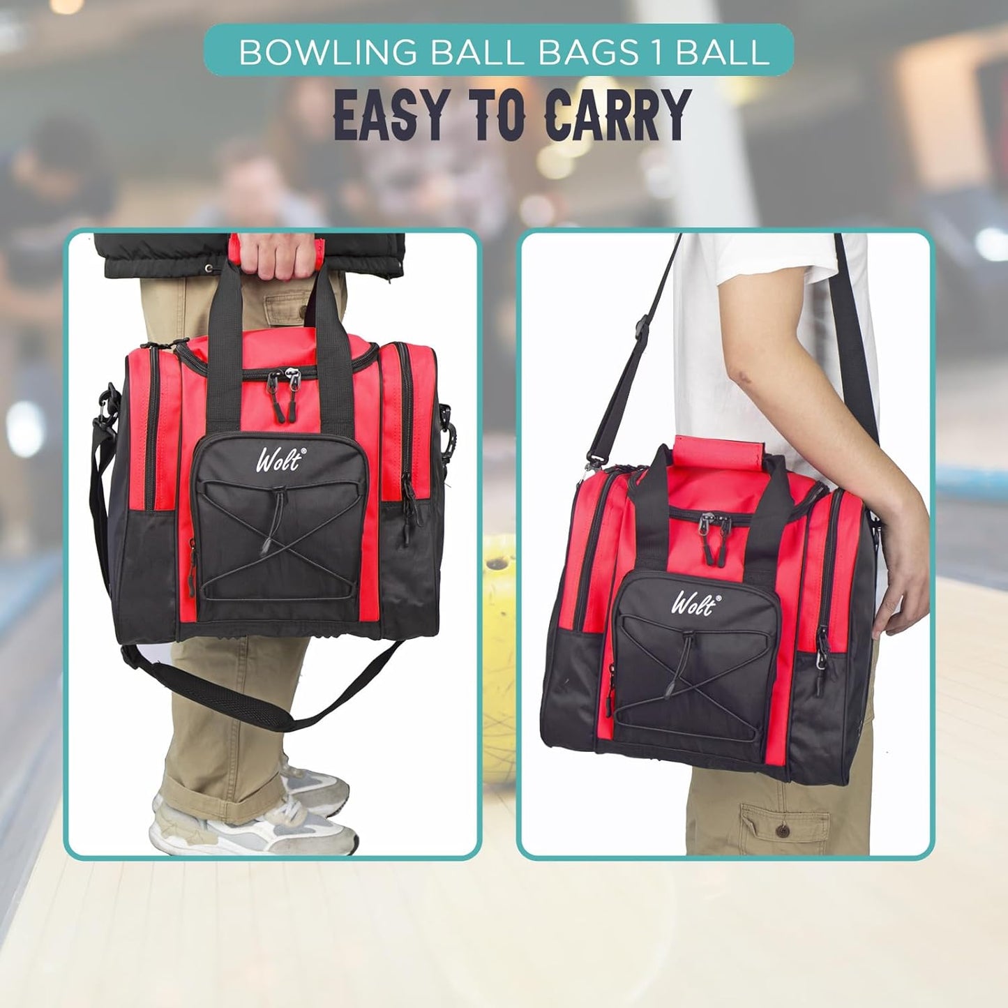 WOLT Bowling Ball Bag for Single Ball - Bowling Ball Tote Bag with Padded Ball Holder, 2 Pockets fit Bowling Shoes Up to Mens Size 14 and Accessories
