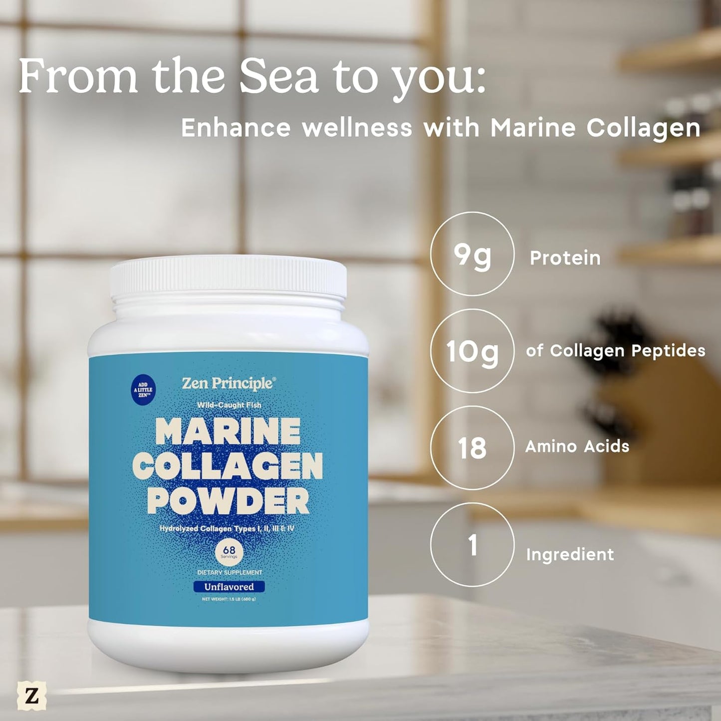 Zen Principle Marine Collagen Peptides Powder 1.5 lb. Wild-Caught Fish, Non-GMO. Supports Healthy Skin, Hair, Joints and Bones.Hydrolyzed Type 1 & 3 Protein. Amino Acids.Unflavored, Easy to Mix.