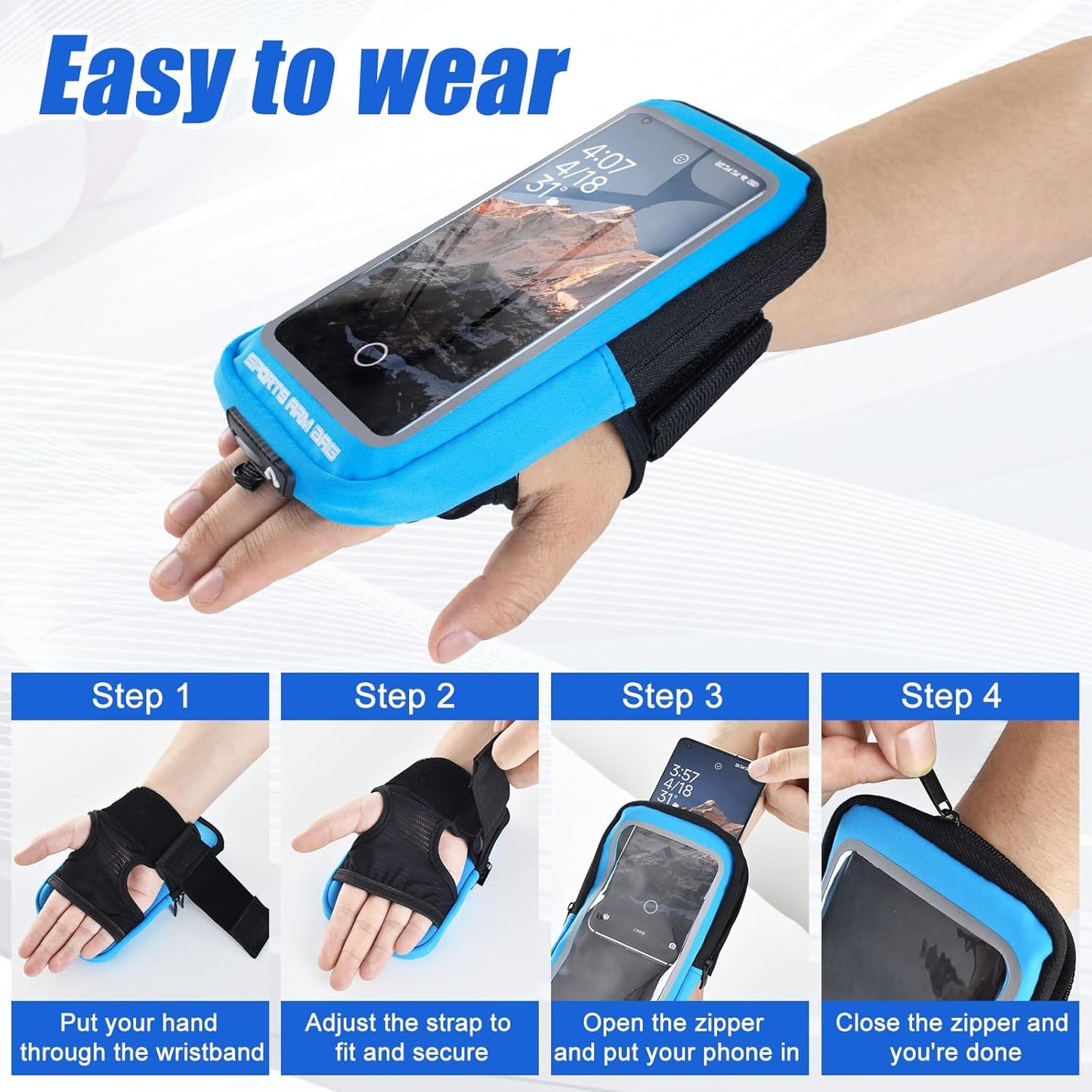 Phone Holder for Running, Running Armband Phone Holder with Carabiner, Phone Armbands for iPhone 16 15 14 13 12 11Pro Max & Galaxy S25/S24/S23, Cell Phone Armband Up to 6.8'' Phone (Blue)