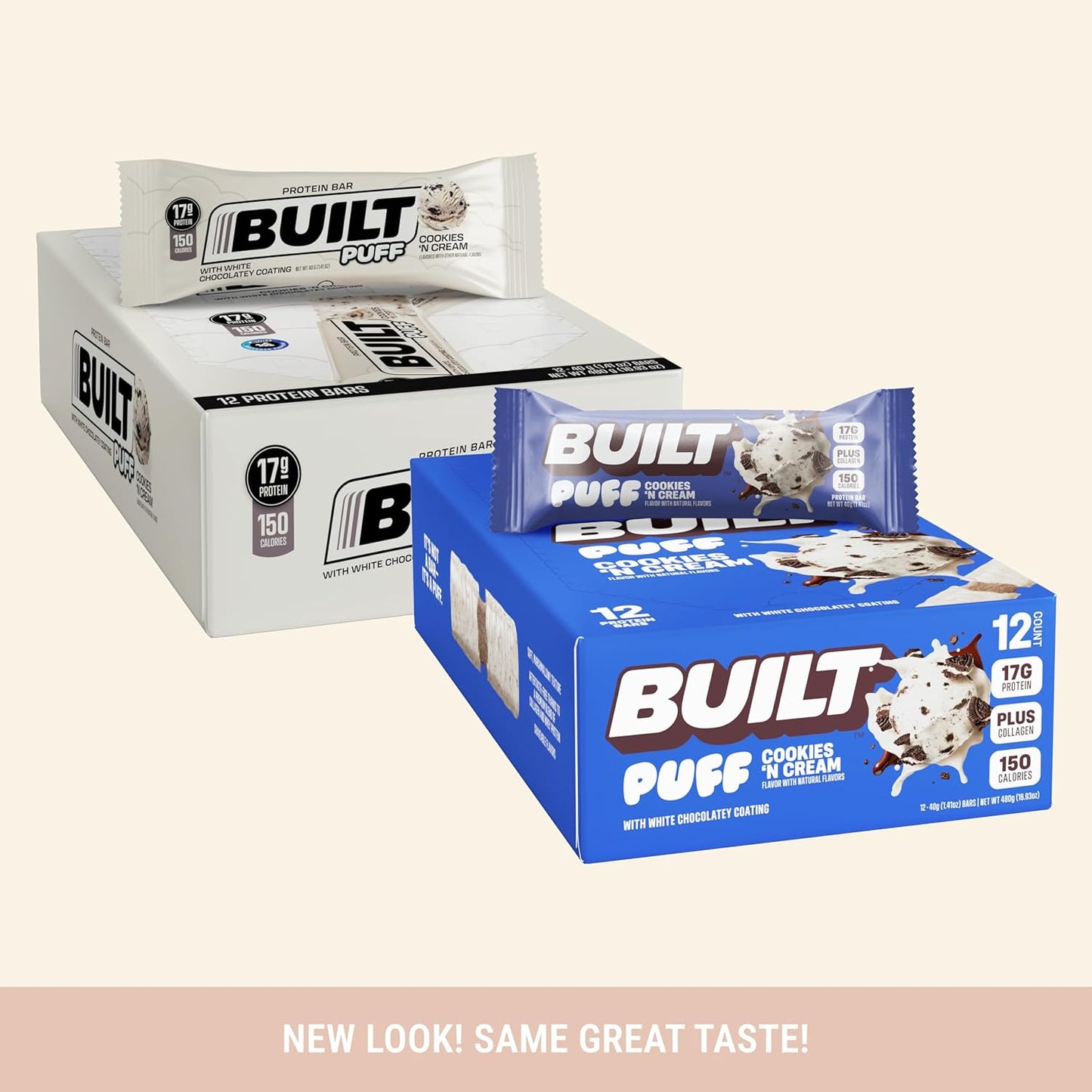 Built Bar, Puff Protein Bars, Cookies 'N Cream Puff, 17g Protein Snacks, On-The-Go Bars, Only 140 Calories, 7g Sugar, Collagen, Not Gluten Free, 12 Count