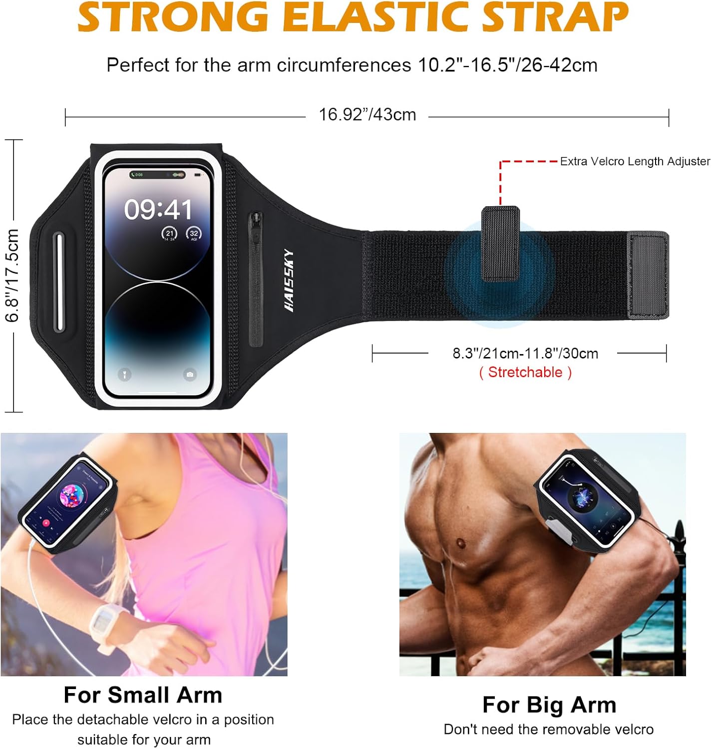 Running Armband with Earphone Bag Cell Phone Armband for iPhone 16 15 Pro 14 Plus 13 11 XR XS, Galaxy S24/S10 Water Resistant Sports Phone Holder Case & Zipper Slot Car Key Holder for 6.9 inch Phone