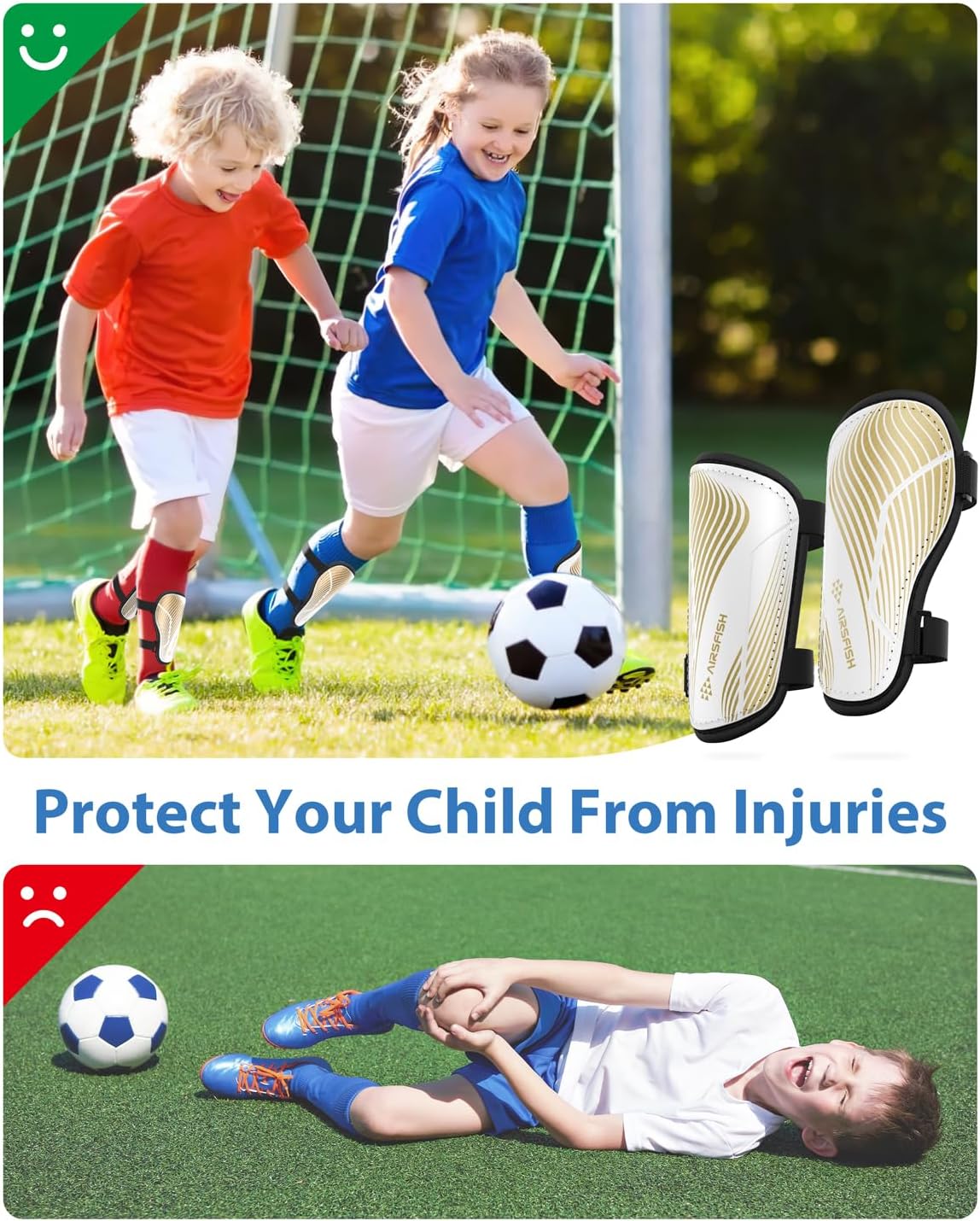 Shin Guards Soccer Kids Youth, CE Certified Airsfish Shin Guard Protection Gear for 2-18 Years Old Boys Girls Teenagers High Impact Resistant Breathable Comfortable 1 Pair 4 Sizes