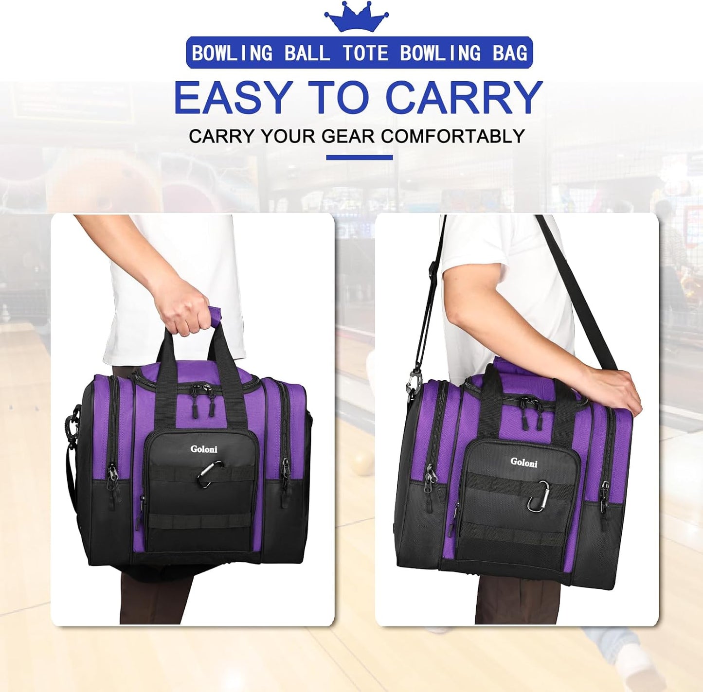 Goloni Bowling Ball Bag for Singer Ball with Padded Ball Holder, 2 Pockets fit Bowling Shoes Up to Mens Size 14 and Accessories