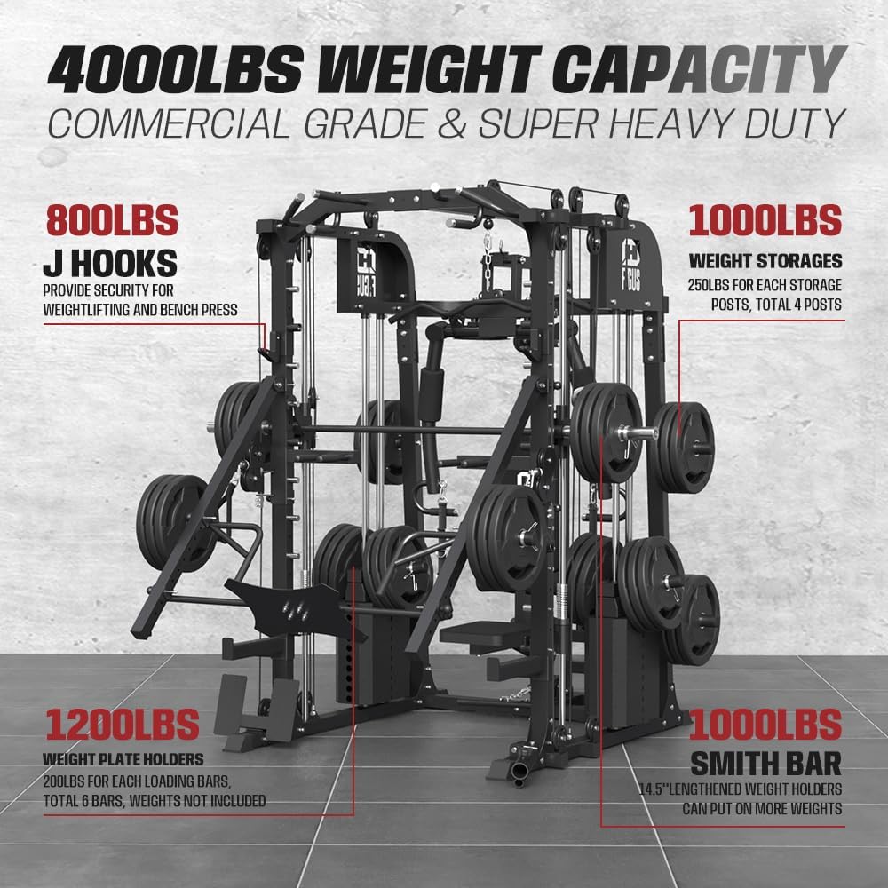 Commercial SmithMachine with Smith Bar, Home Gym Station with Dual Weight Stacks, 4000LBS Power Cage Squat Rack with Lever Arm, Leg Press, LAT Pull Down, Cable Crossover Machine for Full Body Training