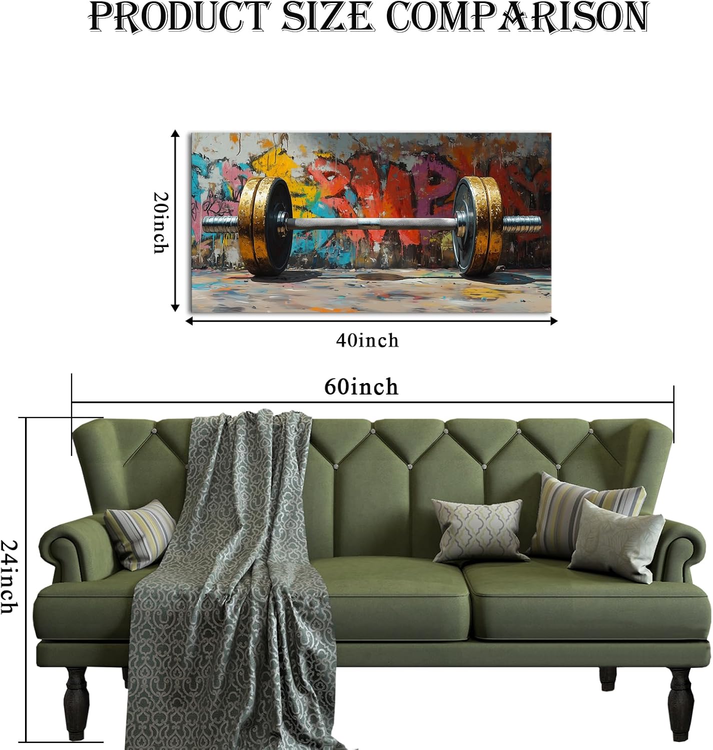 VANSEEING Graffiti Gym Wall Art Canvas Prints Barbell Weightlifting Fitness Picture Sport Motivational Artwork Oil Painting Wall decor for Workout Bedroom Fitness Boys Room 40x20 inch