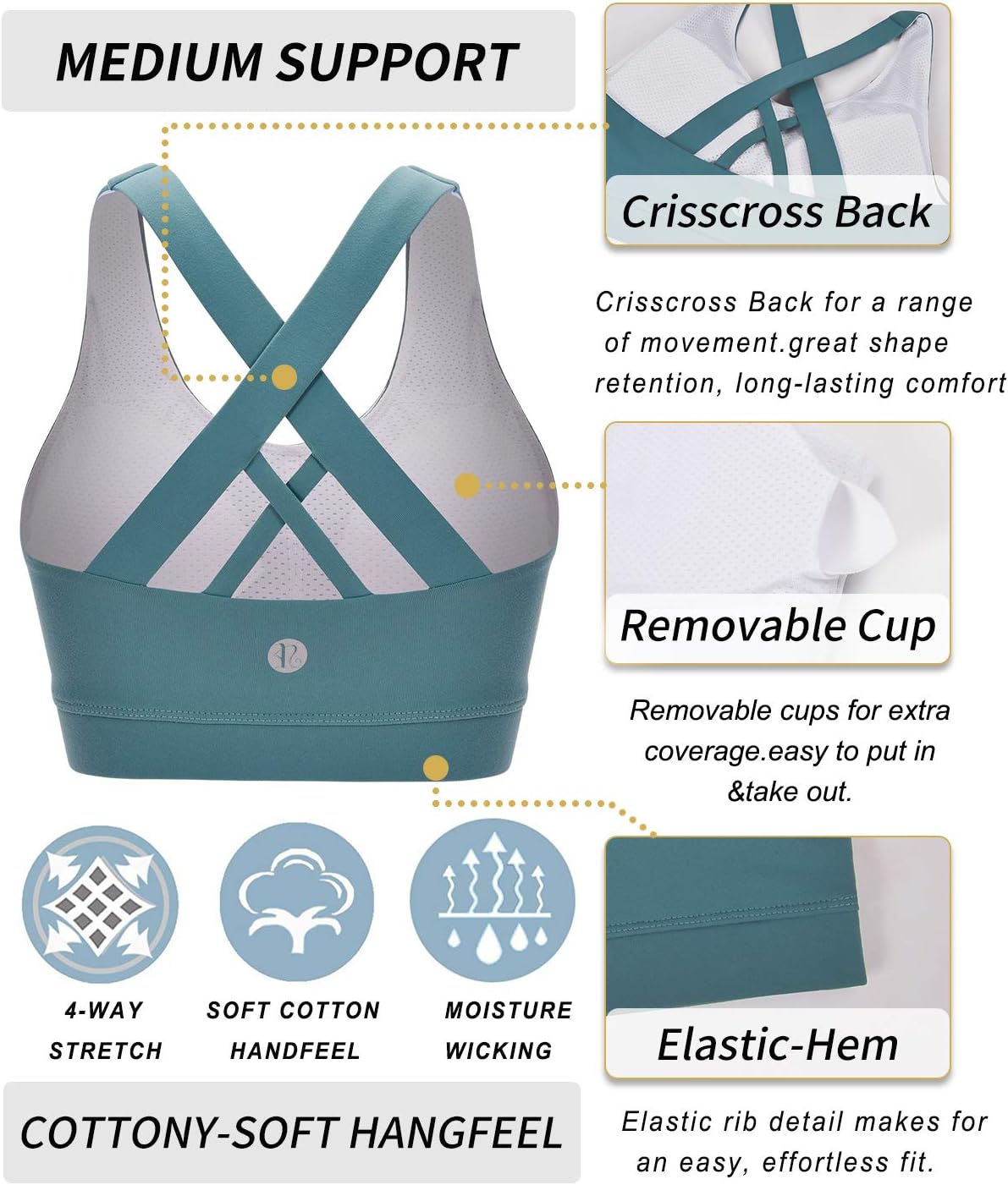 RUNNING GIRL Sports Bra for Women, Criss-Cross Back Padded Strappy Sports Bras Medium Support Yoga Bra with Removable Cups