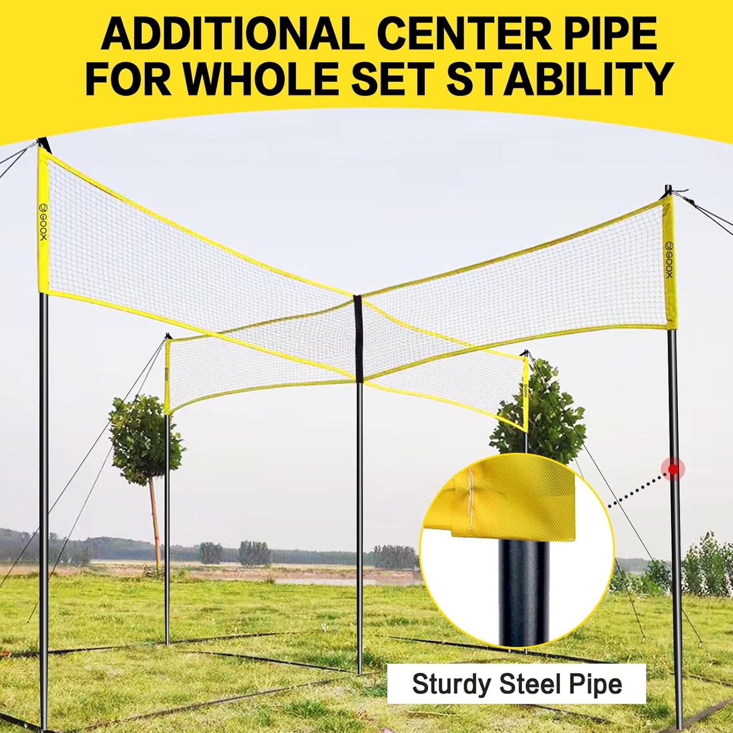 GOOX 4 Square Volleyball Net Game Set, 14 FT 4-Way Volleyball Net for Backyard Beach Lawn, Portable Four Square Volleyball Net for Adults & Youths with Vollyball, Pump, Carry Bag