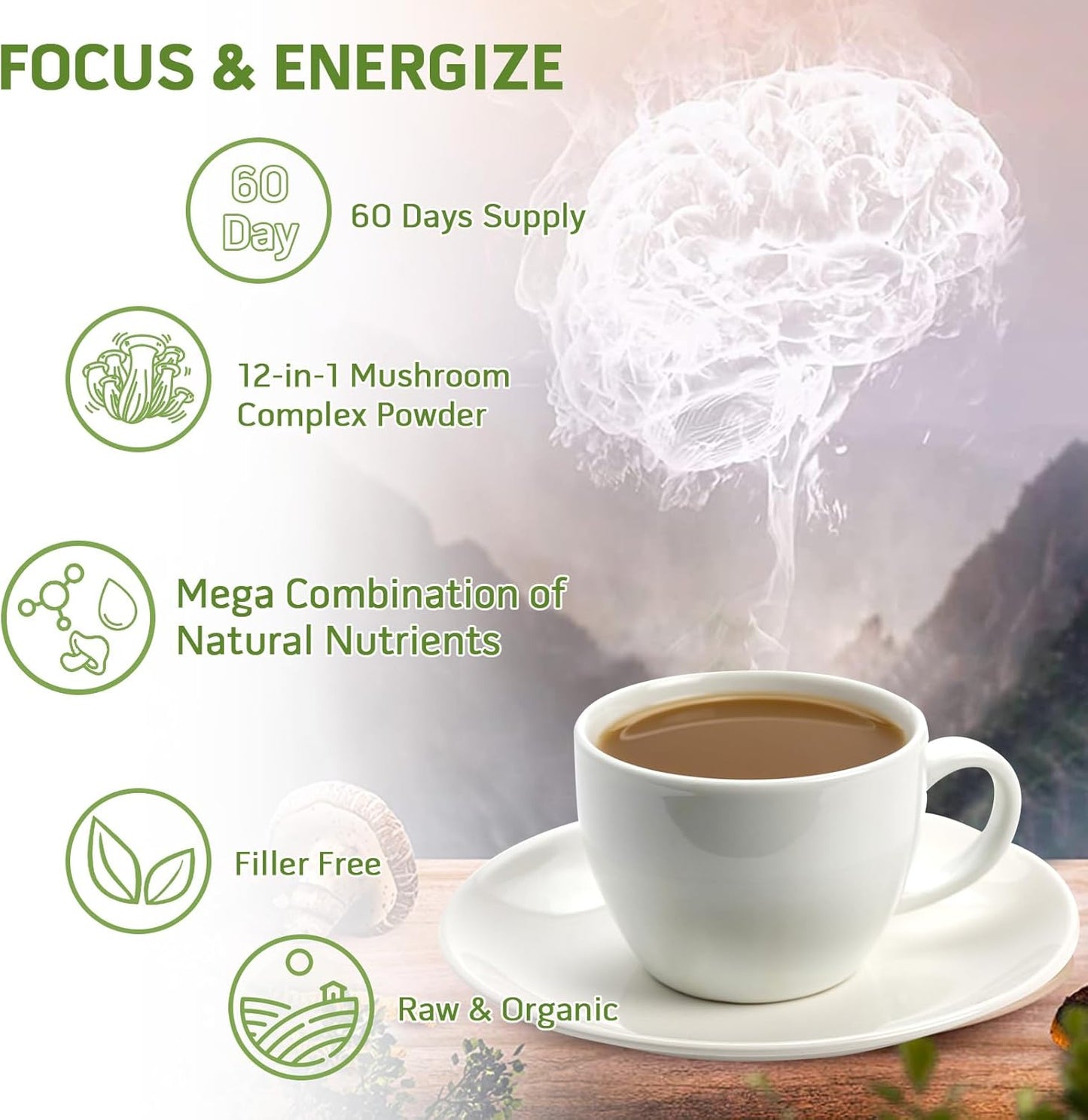 Mushroom Powder Mushroom Supplement - 10-in-1 Mushrooms Lions Mane Powder with Reishi/Cordyceps/Chaga/Turkey Tail/Maitake/Complex for Cognitive Function & Immune Support 78 Servings 2PCAKS