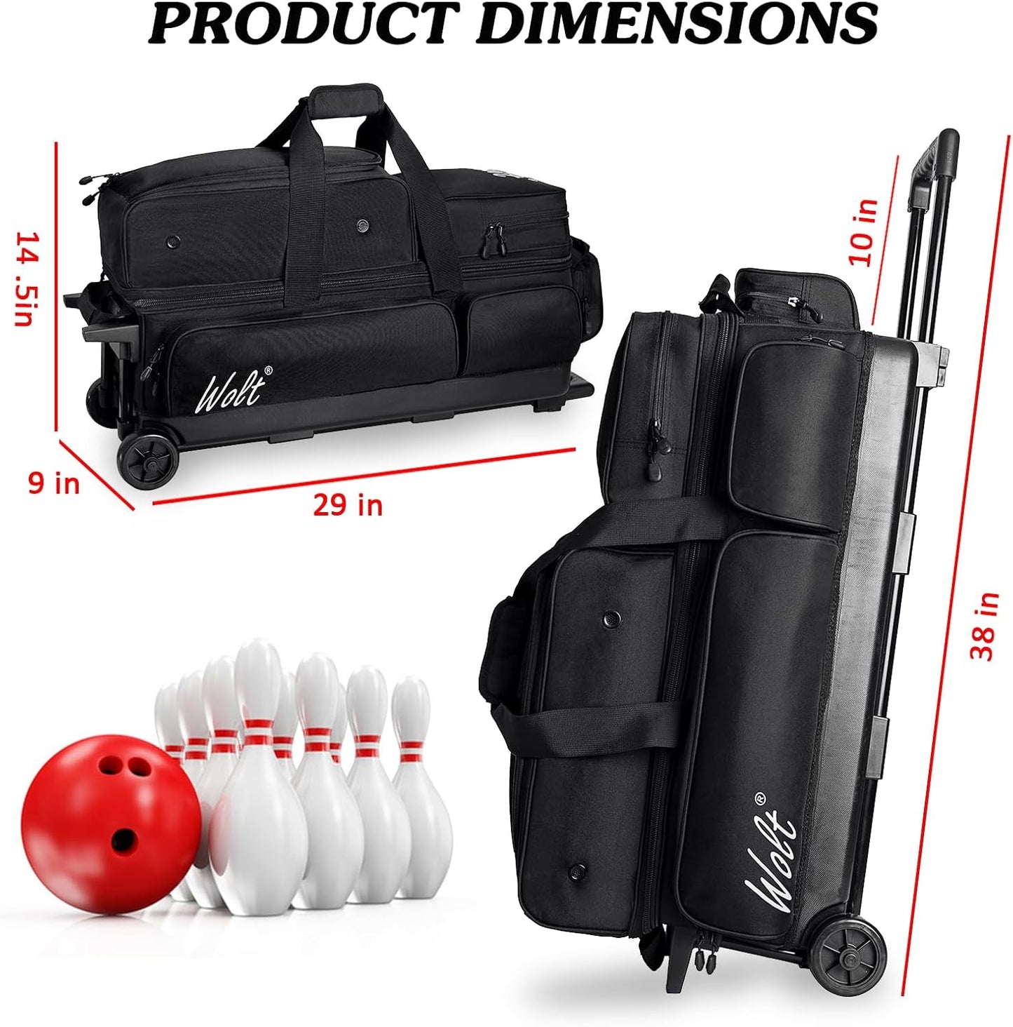WOLT 3 Ball Bowling Bags with Wheels,Bowling Ball Bag 3 Ball Roller with Separate Shoe Compartment and Accessory Pocket, Retractable Handle Extends to 38’’