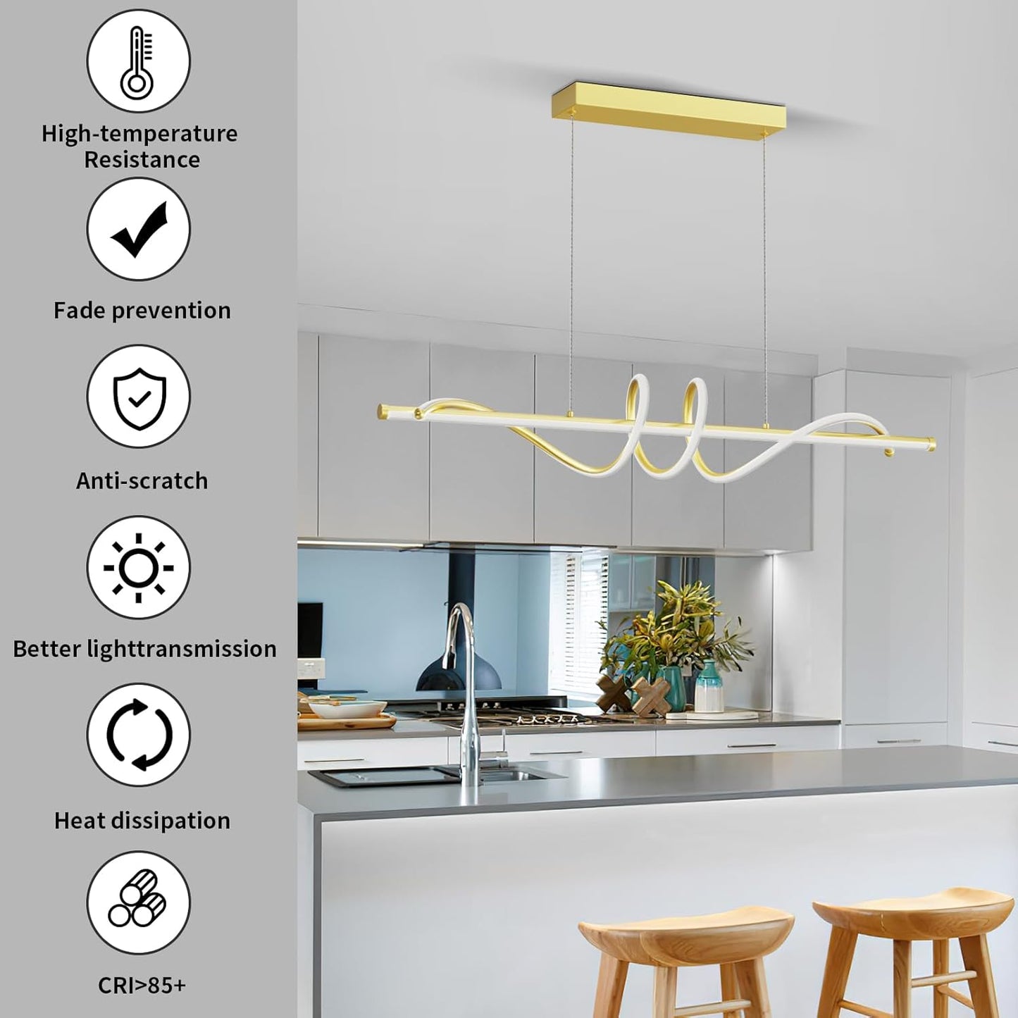 Modern LED Pendant Lights, 47in Gold Chandelier Dimmable with Remote Control 3000k-6000K Adjustable Color Temperature, Aluminum Island Lighting Lamp Fixture for Kitchen, Dining Room
