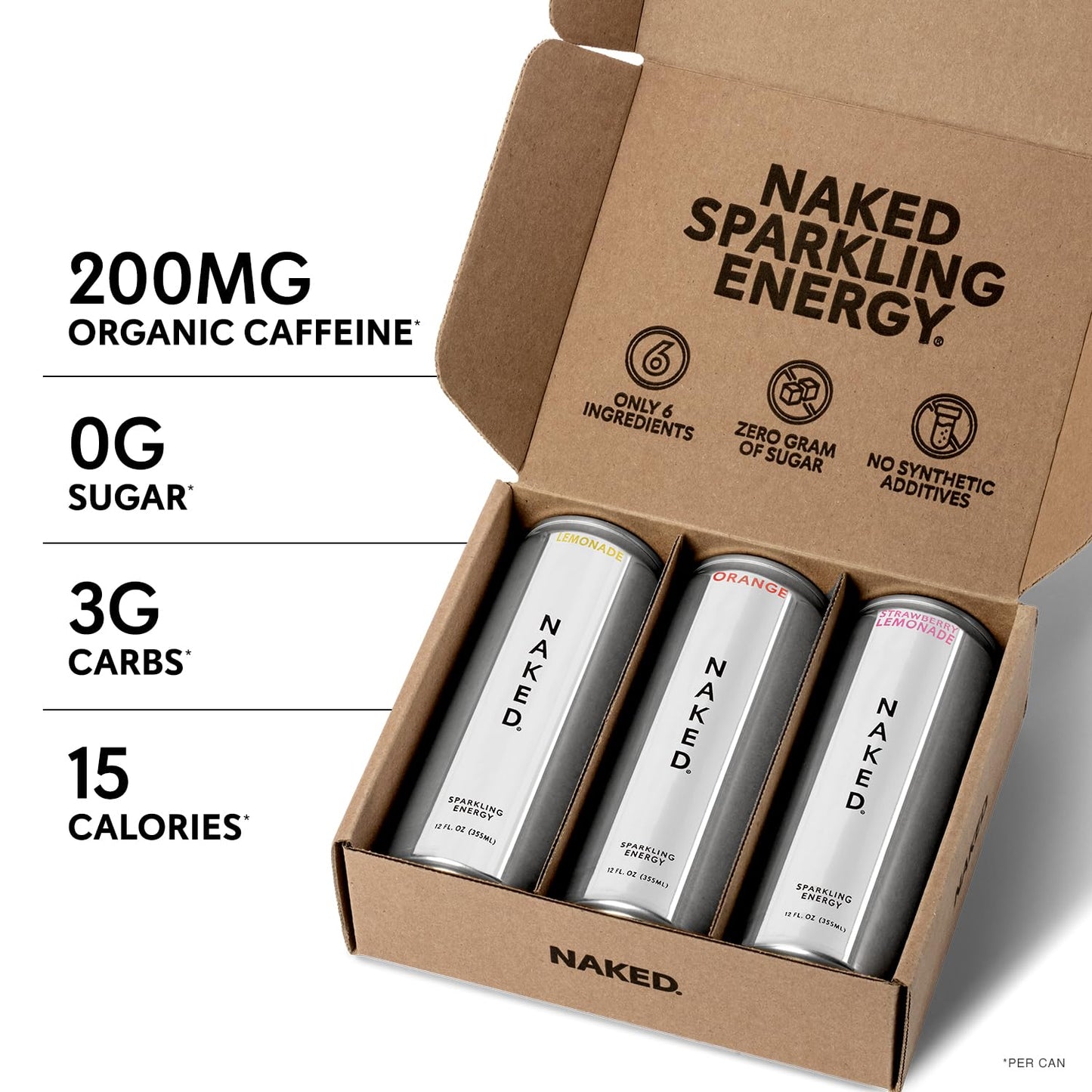 Naked Sparkling Energy - Sample Box - Three Flavors - Lemonade, Orange, and Strawberry Lemonade