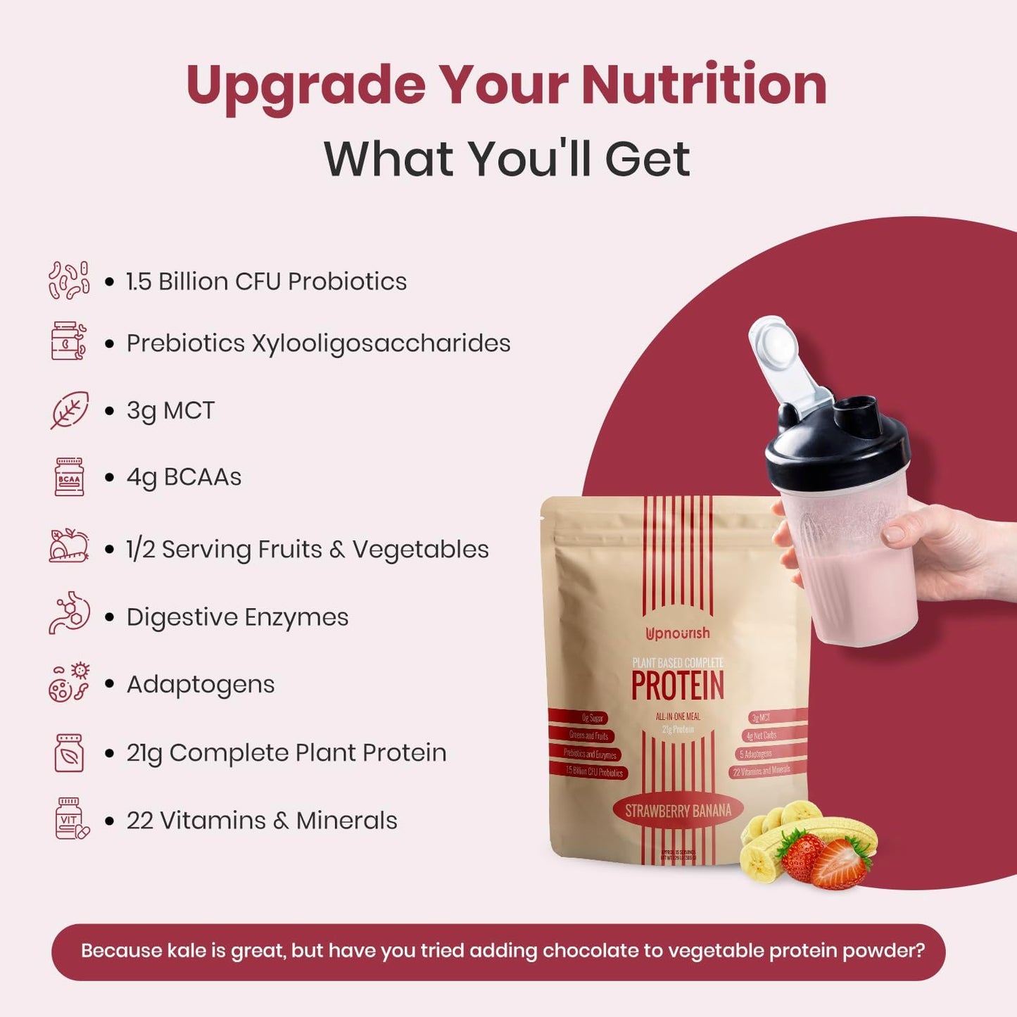 UpNourish Strawberry Banana Vegan Protein Powder 54 Superfoods Powder,1.5 Billion CFU Probiotics 21g Plant Based Protein,No Sugar No Dairy No GMO Dairy Free,Meal Replacement Shake Keto-Friendly Low-Carb Diet,15 Servings