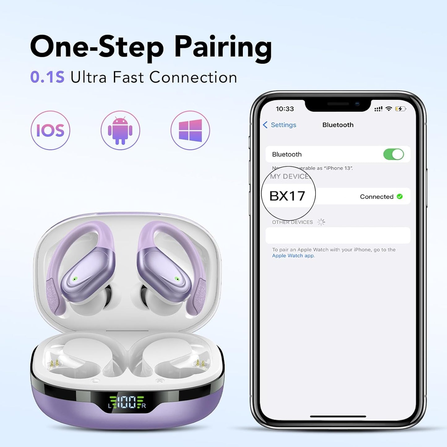 Ear buds Wireless Earbuds Bluetooth 5.3 Headphones 60hrs Playtime with Digital Display Sports Wireless Headphones with Earhook Deep Bass IPX7 Waterproof Over-Ear Earbuds for Android iOS Workout Purple