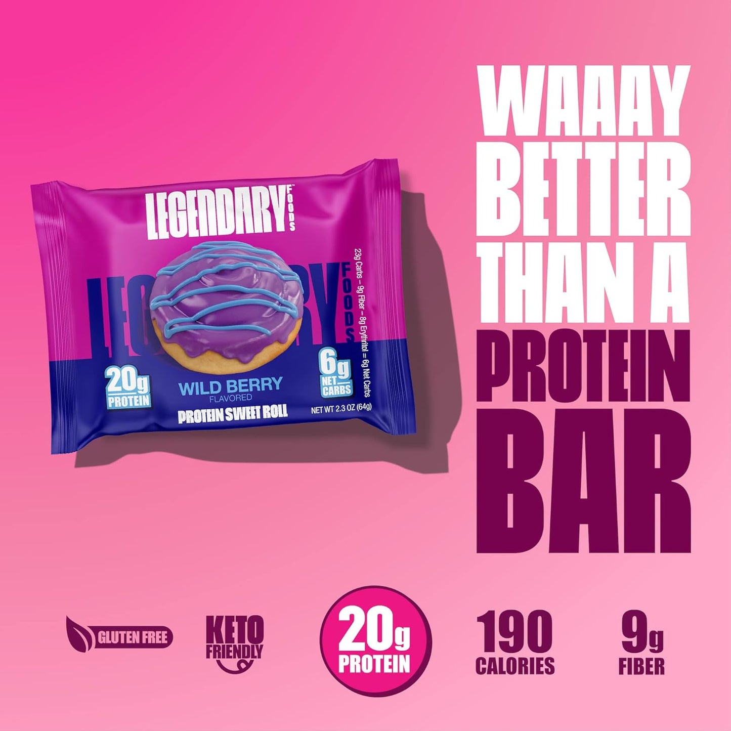 Legendary Foods 20g Protein Wild Berry Sweet Roll - Premium High Protien Bars, Low Carb Meal Replacement Snack, Low Glycemic Index, Gluten Free Snacks - Zero Sugar, Keto and Diabetic Friendly 10-Pack