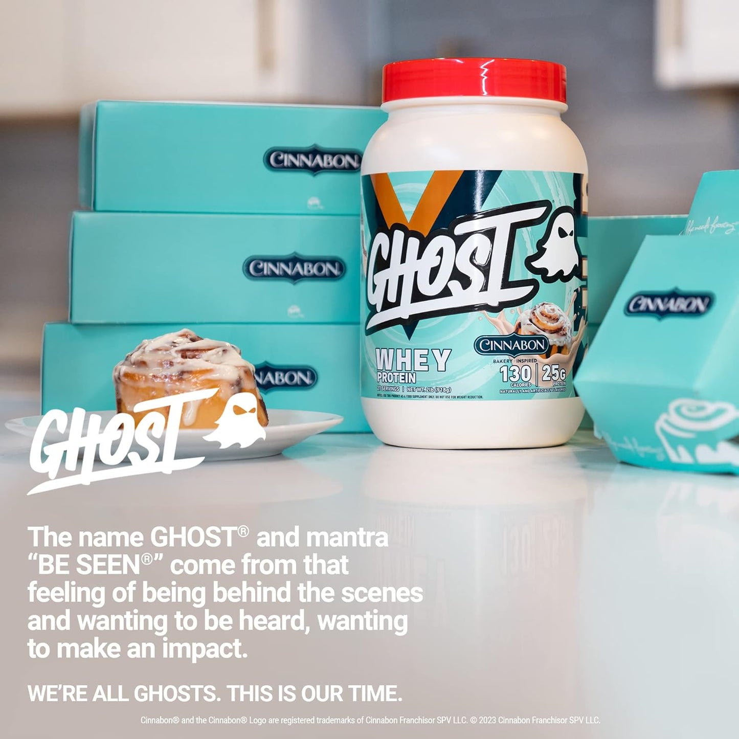 GHOST Whey Protein Powder, Cinnabon - 2LB, 25G of Protein - Cinnamon Roll Flavored Isolate, Concentrate & Hydrolyzed Whey Protein Blend - Post Workout Shakes - Soy & Gluten Free