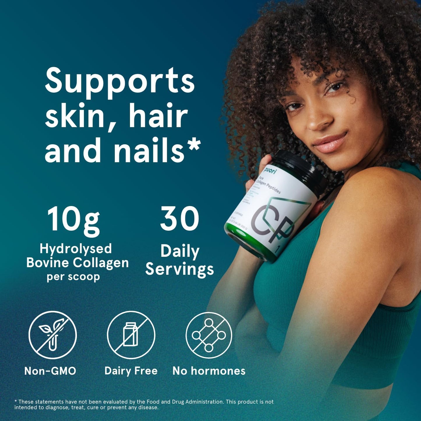 Puori - CP1 Pure Collagen Peptides Powder - Hair, Skin, Nails - Hydrolyzed Protein, Unflavored, 30 Servings