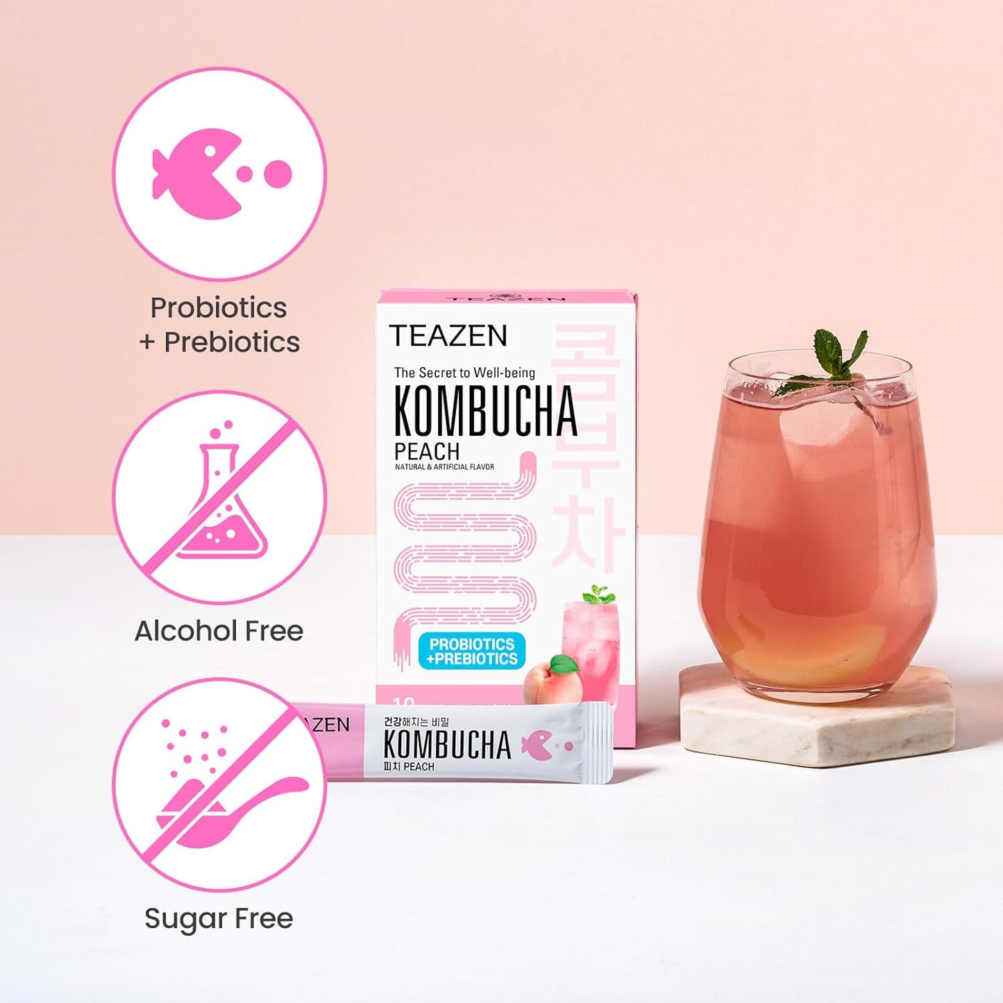 TEAZEN Peach Kombucha Tea, Hydration Drink Mix, Sugar Free, Live Probiotics & Prebiotics, 10 Sticks, 1.76oz