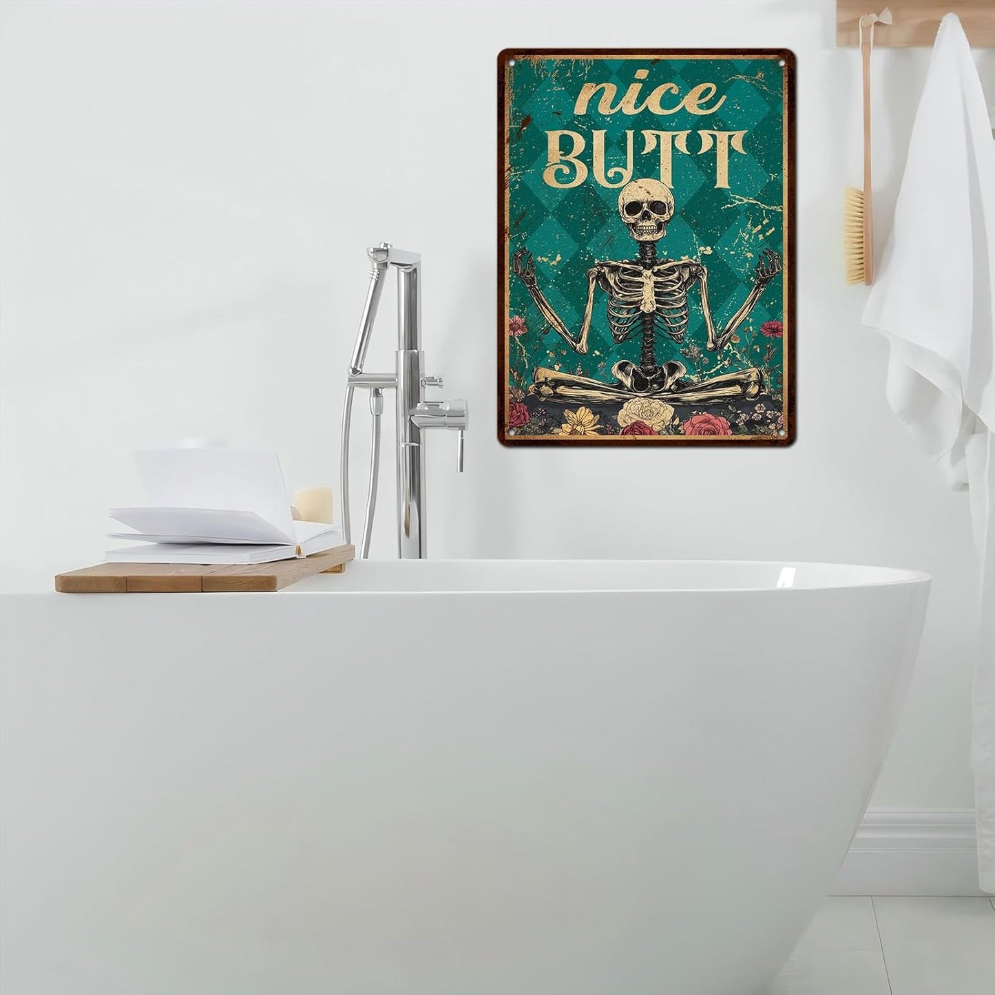 Skeleton Decor Tin Sign Retro Funny Skeleton Metal Sign for Bedroom Cafe Home Coffee Kitchen Bathroom Funny Wall Decor Art 12 * 16inch