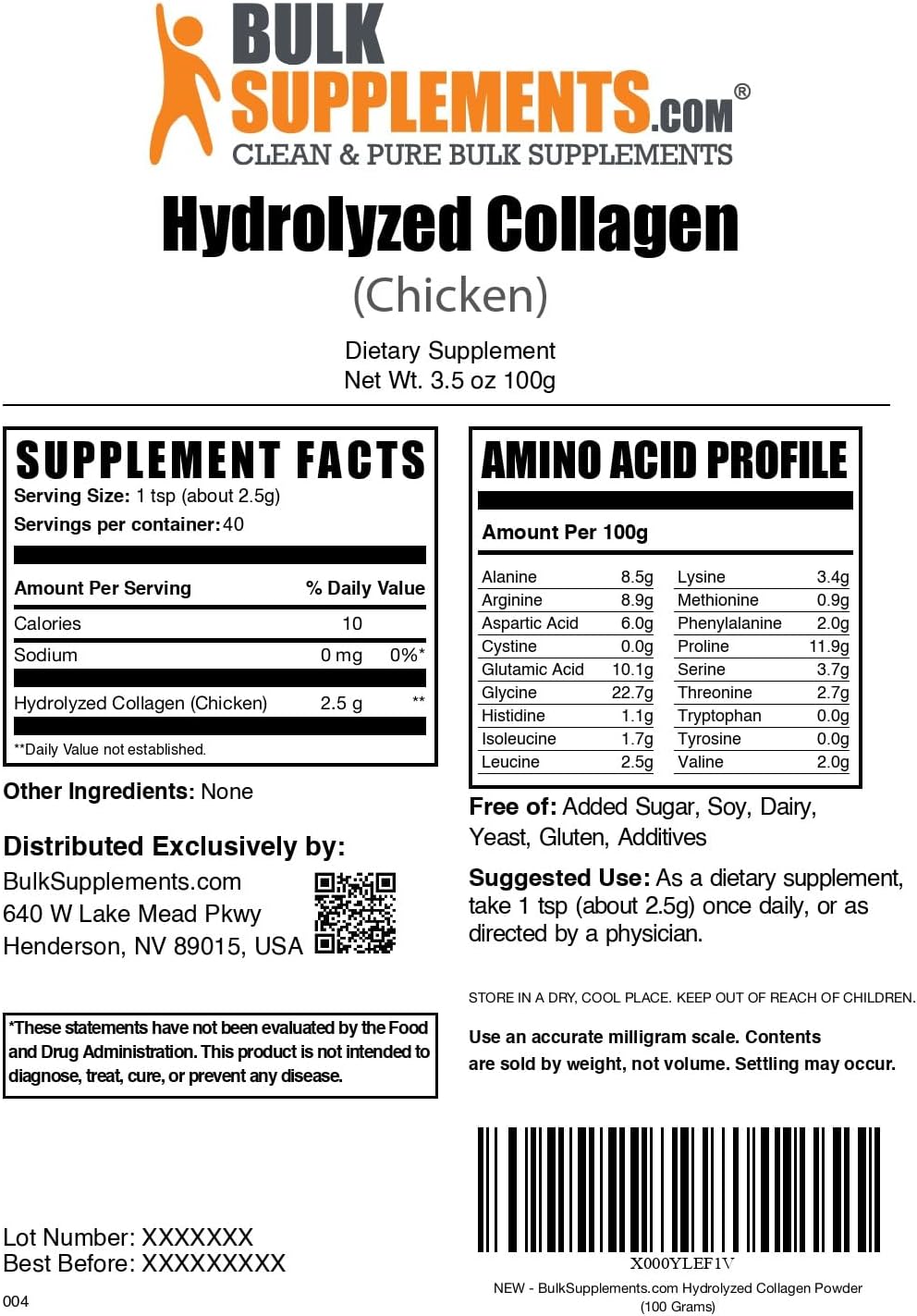 BulkSupplements.com Chicken Collagen Powder - Hydrolyzed Collagen Supplement, for Hair, Skin, & Nails - Unflavored & Gluten Free, 2.5g per Serving, 100g (3.5 oz) (Pack of 1)