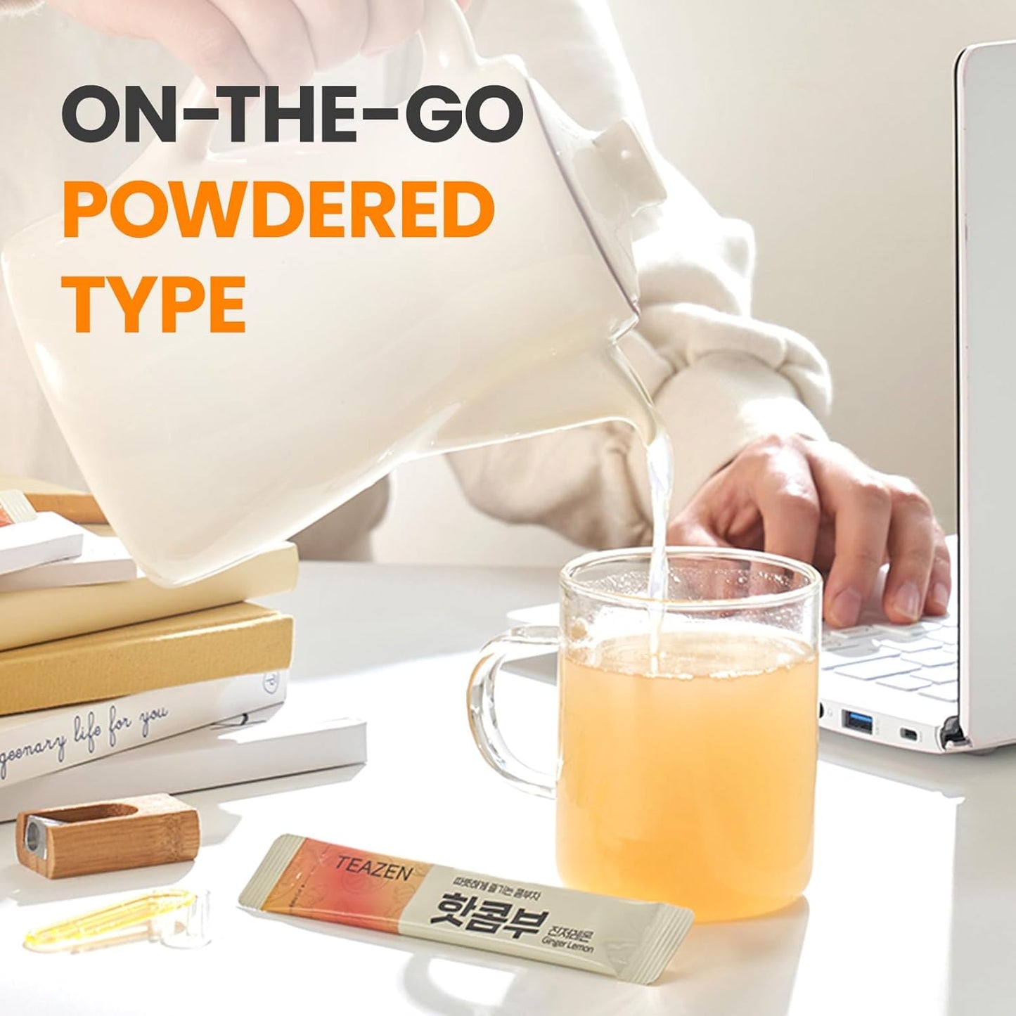 TEAZEN Lemon Ginger Hot Kombucha Tea, Live Probiotics & Postbiotics, Relaxation and Warmth for Colds and Sore Throat, Hydration Drink Mix, Sugar Free, 30 Sticks, 5.29oz