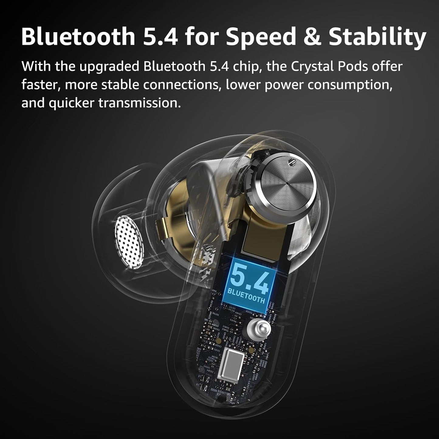 TOZO Crystal Pods Hybrid Active Noise Cancelling Wireless Earbuds, 10mm Drivers Deep Bass Stereo Sound, 4 Mics Smart ENC AI Calls, 32 EQ via App, Bluetooth 5.4 Headphones, Crystal Case Design