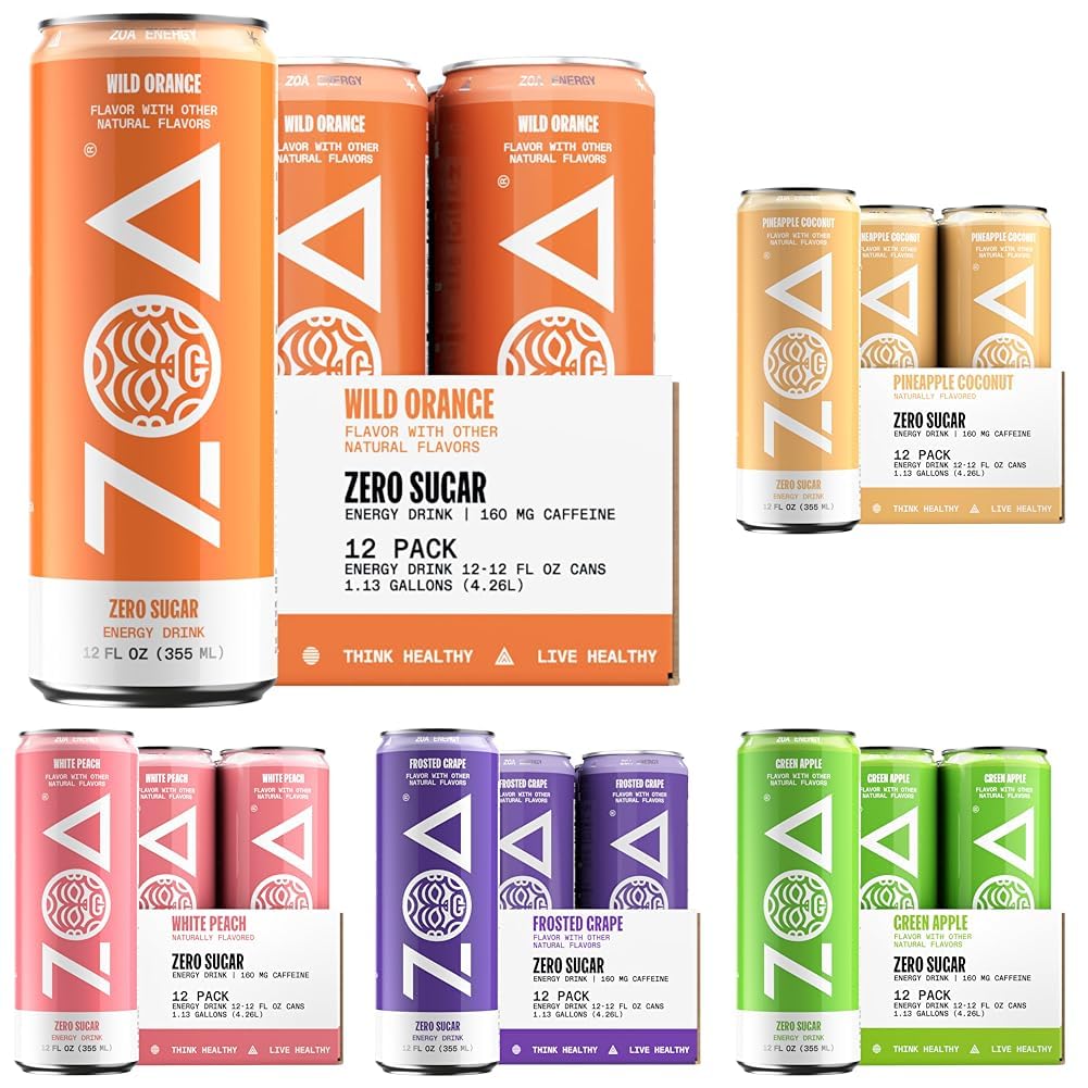 ZOA Zero Sugar Energy Drinks, Fruity Flavors Bundle - Sugar Free with Electrolytes, Healthy Vitamin C, Amino Acids, Essential B-Vitamins, and Caffeine from Green Tea - 12 Fl Oz (60-Pack)