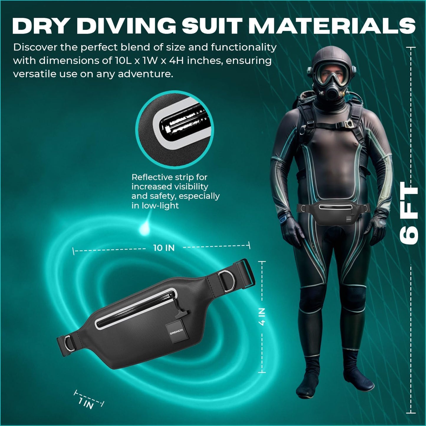 DRENCH 100% Underwater Waterproof Fanny Pack. Waist Pack. Submersible Waterproof Phone Pouch. Dry Bag for Swimming & Snorkelling. Underwater Phone case. (black with 2 rings)